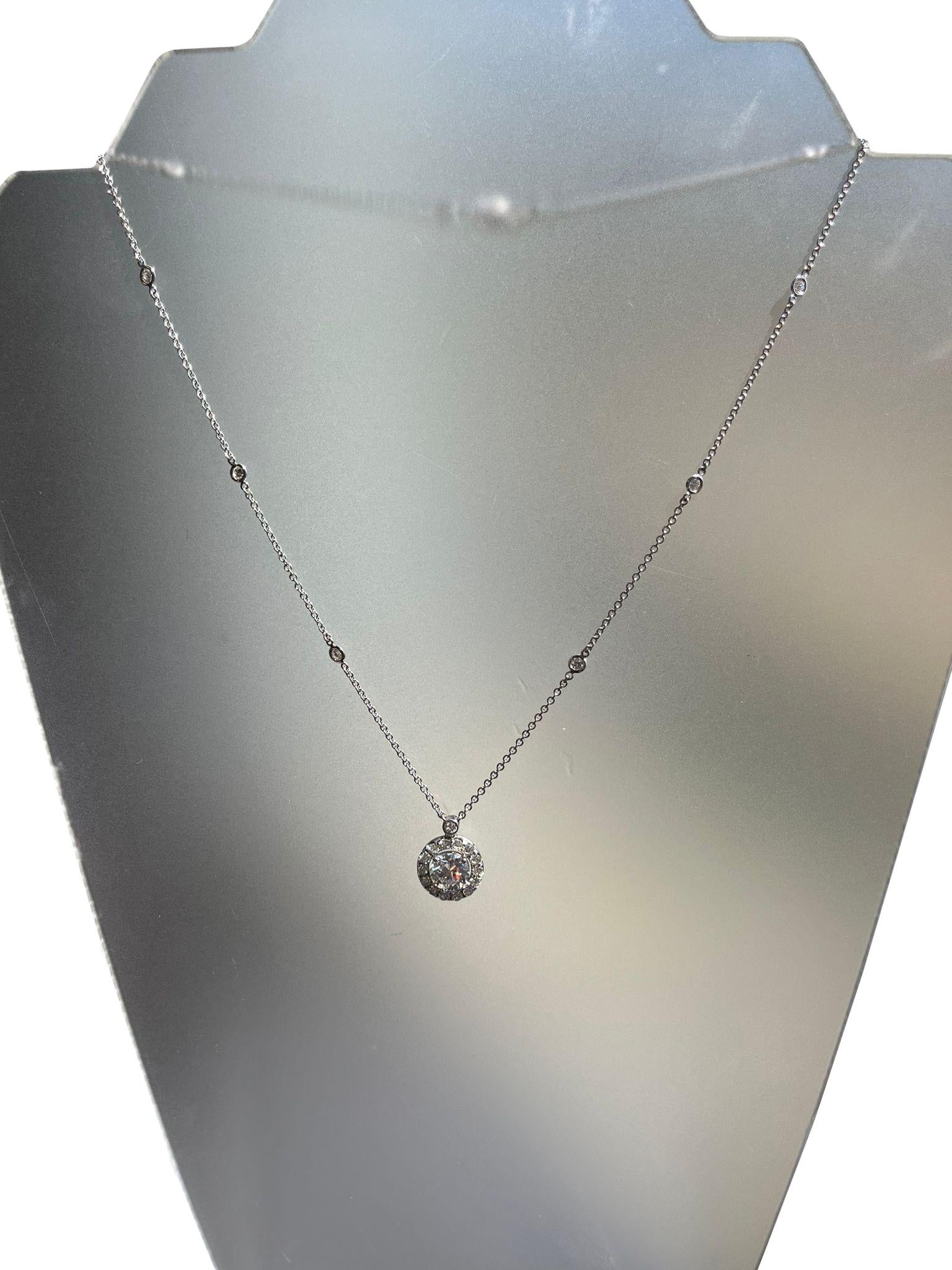 3.35ct Natural Round Diamond Halo Pendant Station Necklace in 14K White Gold For Sale 1