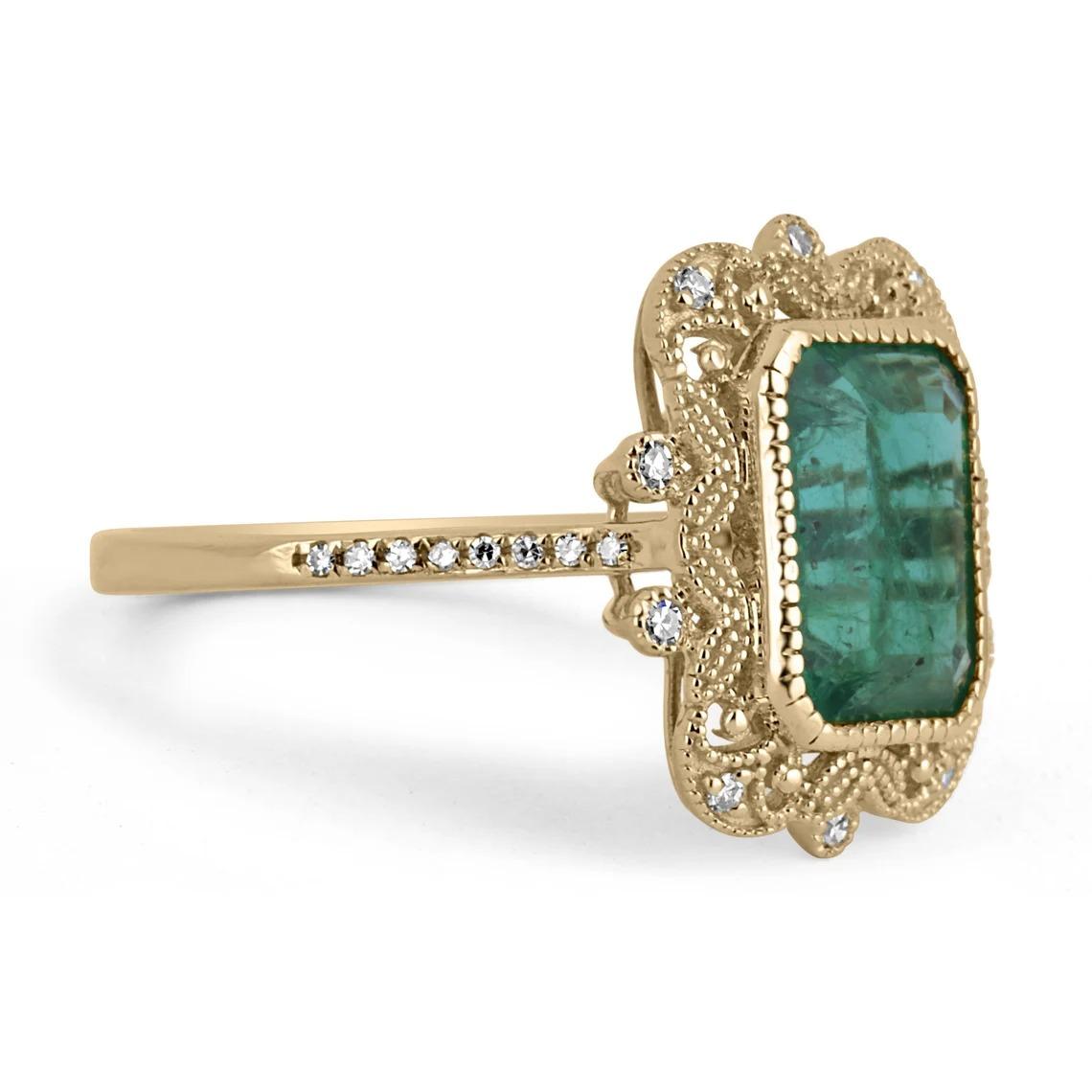 A unique, emerald and diamond vintage-styled ring. The center stone features a gorgeous 3.10-carat, natural emerald with beautiful qualities; clean eye clarity, and very good luster. Among its lovely characteristics, internal inclusions can be seen
