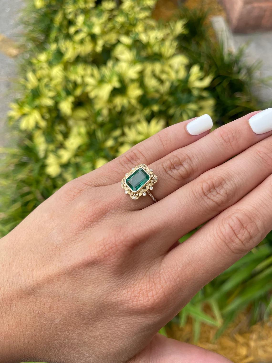 Modern 3.35tcw 14K Natural Emerald-Emerald Cut & Diamond Accent Vintage Styled Gold Rin