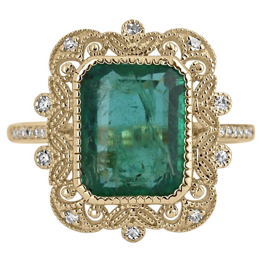 3.35tcw 14K Natural Emerald-Emerald Cut & Diamond Accent Vintage Styled Gold Rin