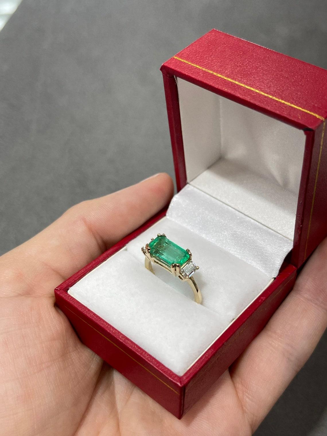 3.35tcw 14K Three Stone Emerald-Emerald Cut & Diamond Ring In New Condition For Sale In Jupiter, FL
