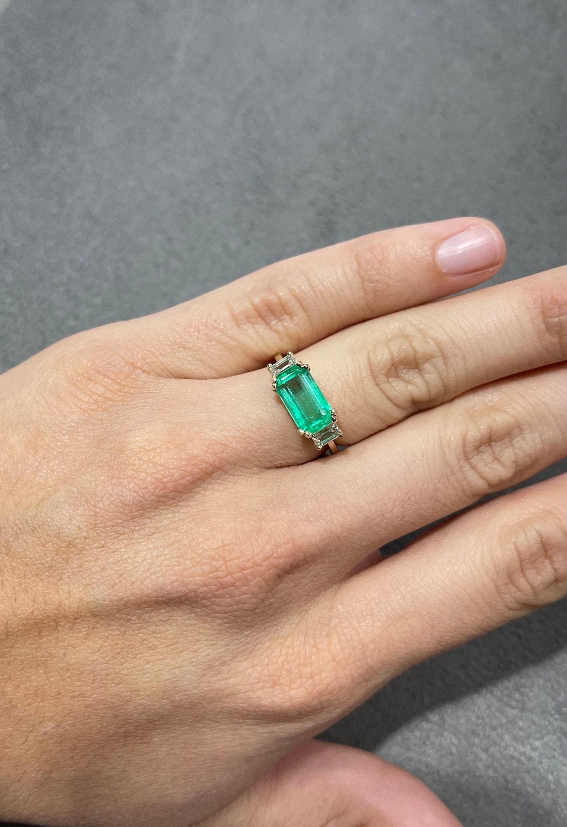 3.35tcw 14K Three Stone Emerald-Emerald Cut & Diamond Ring For Sale 1