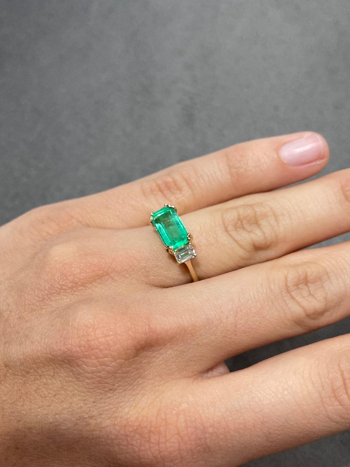 3.35tcw 14K Three Stone Emerald-Emerald Cut & Diamond Ring For Sale 2