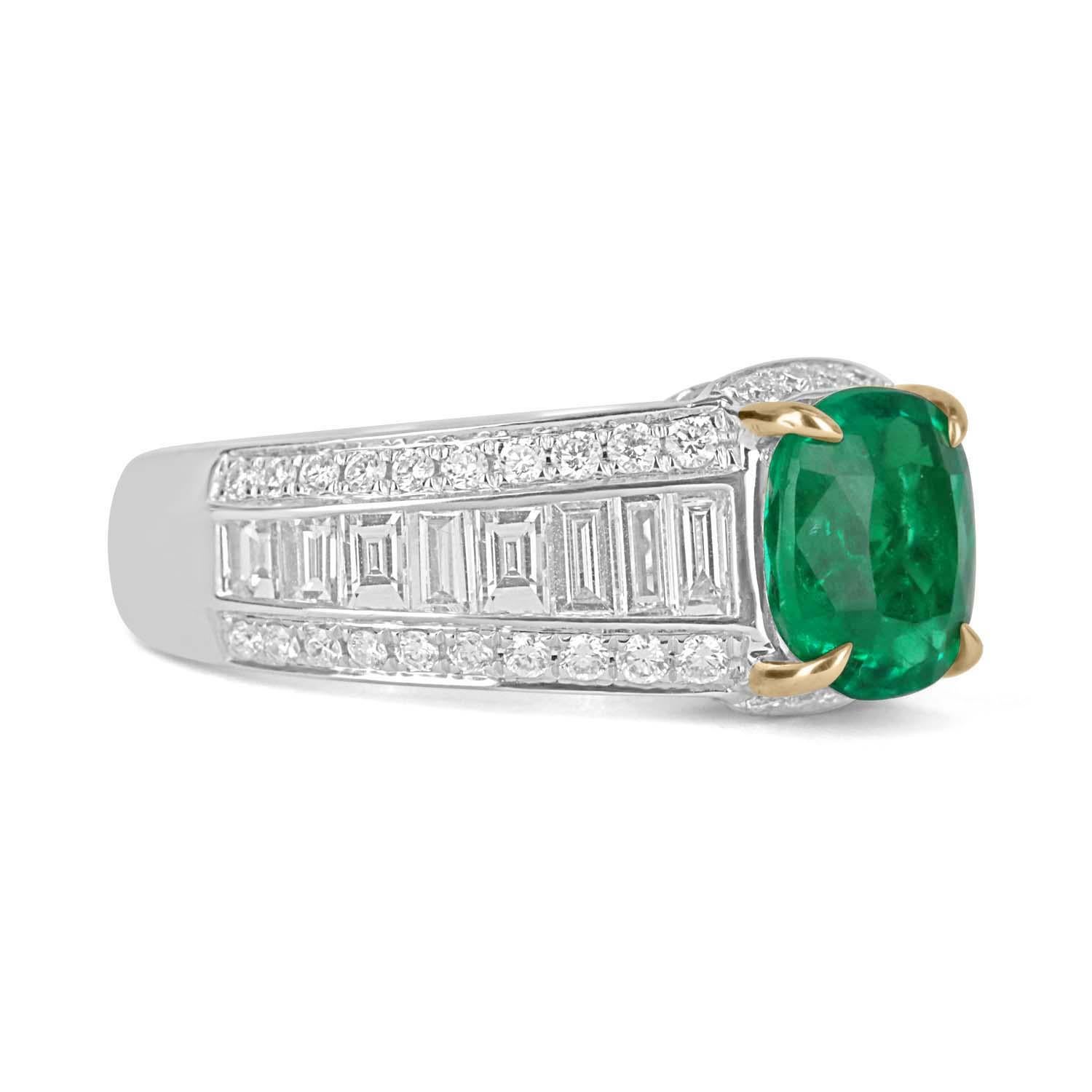An exceptional Colombian emerald & diamond statement/anniversary ring. This fine-quality ring is captivating from every angle. Incredible diamonds highlight the emerald, shank, and gallery of the ring. The emerald has vivid, vivacious green color