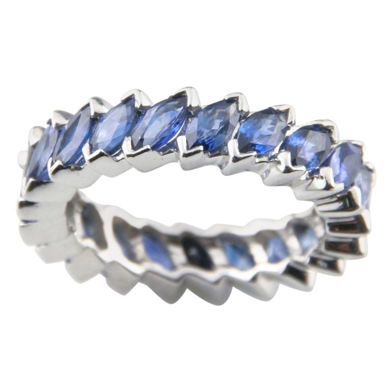 3.36 Carat Blue Sapphire Marquise Cut Platinum Eternity Band For Sale