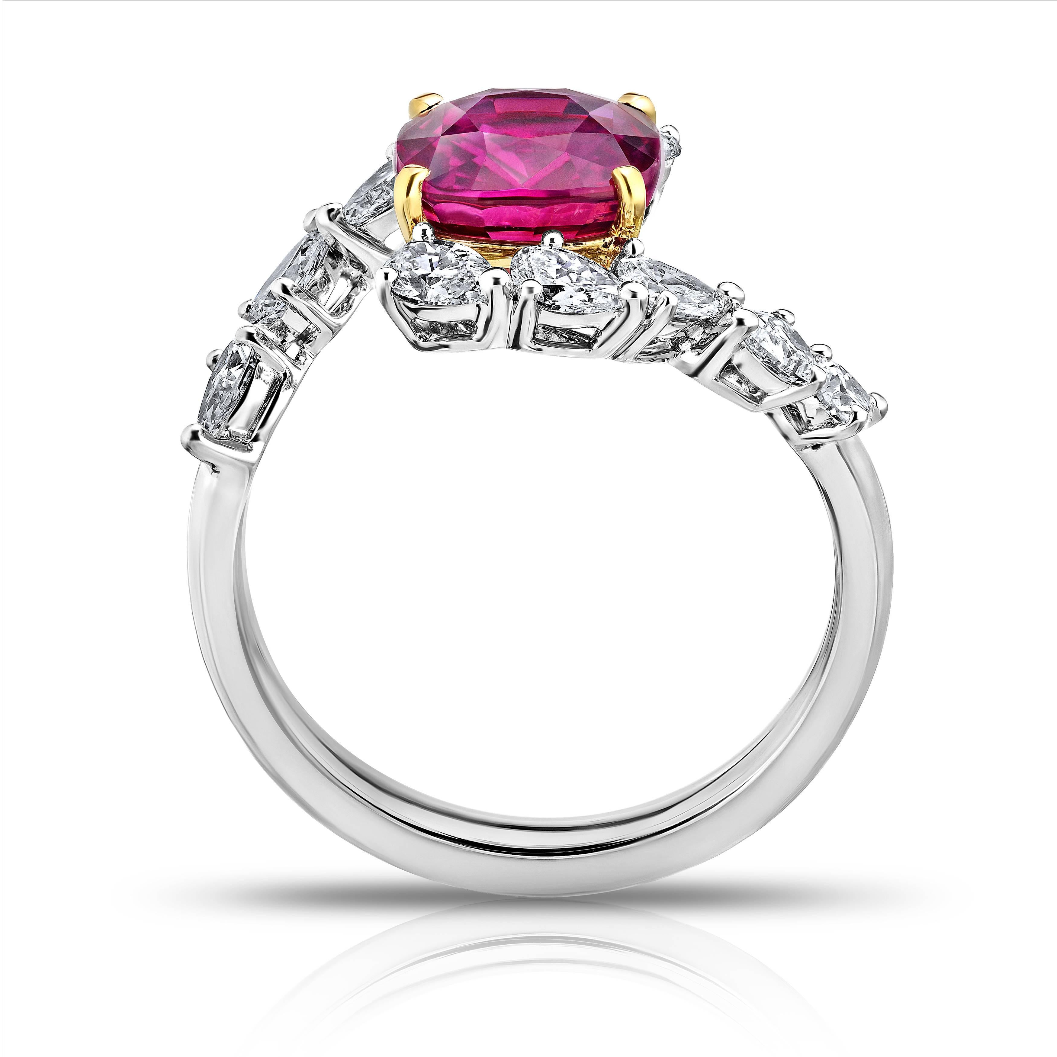 Contemporary 3.36 Carat Cushion Red Ruby and Diamond Platinum and 18k Yellow Gold Ring For Sale