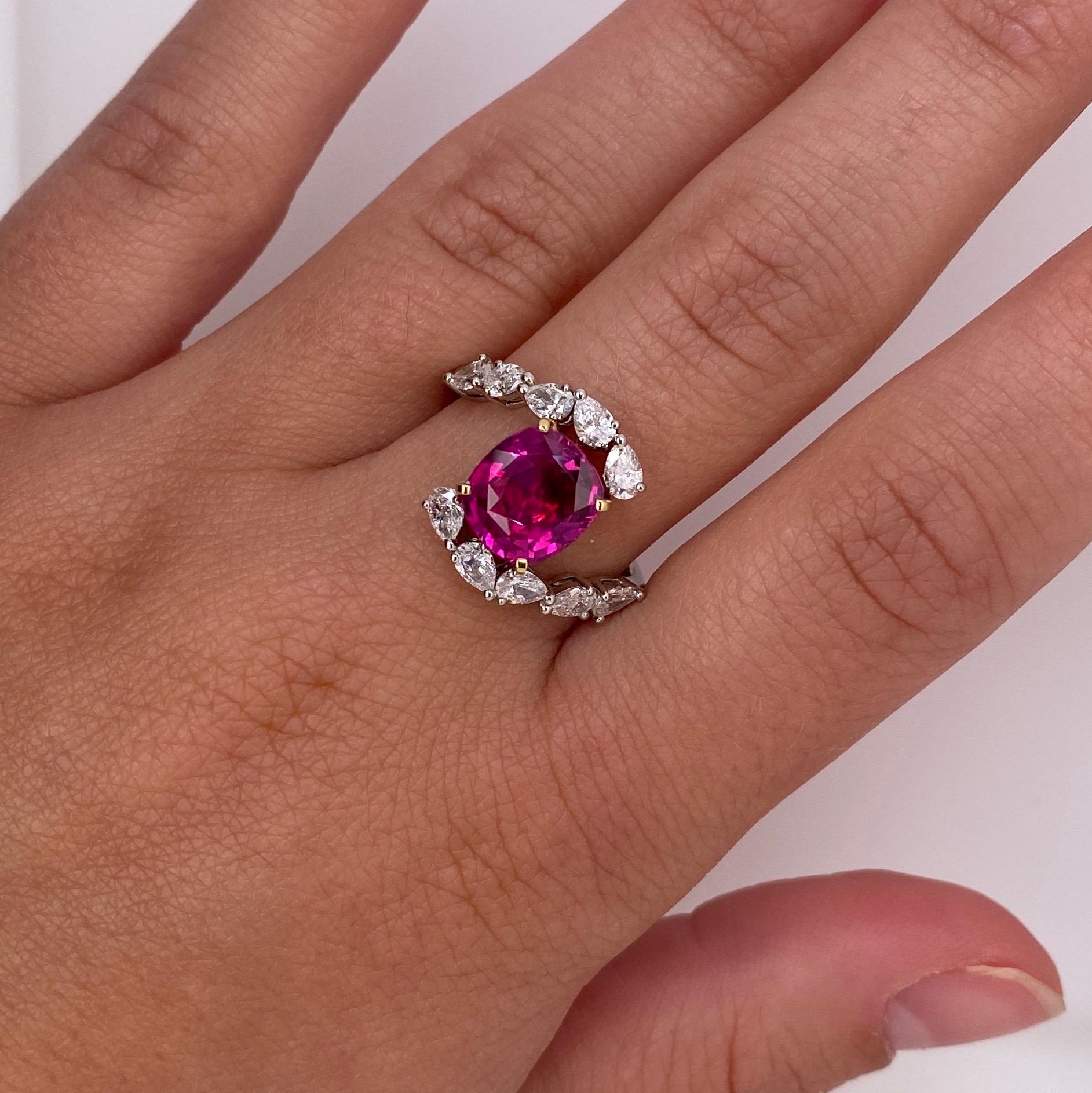 3.36 Carat Cushion Red Ruby and Diamond Platinum and 18k Yellow Gold Ring In New Condition For Sale In New York, NY