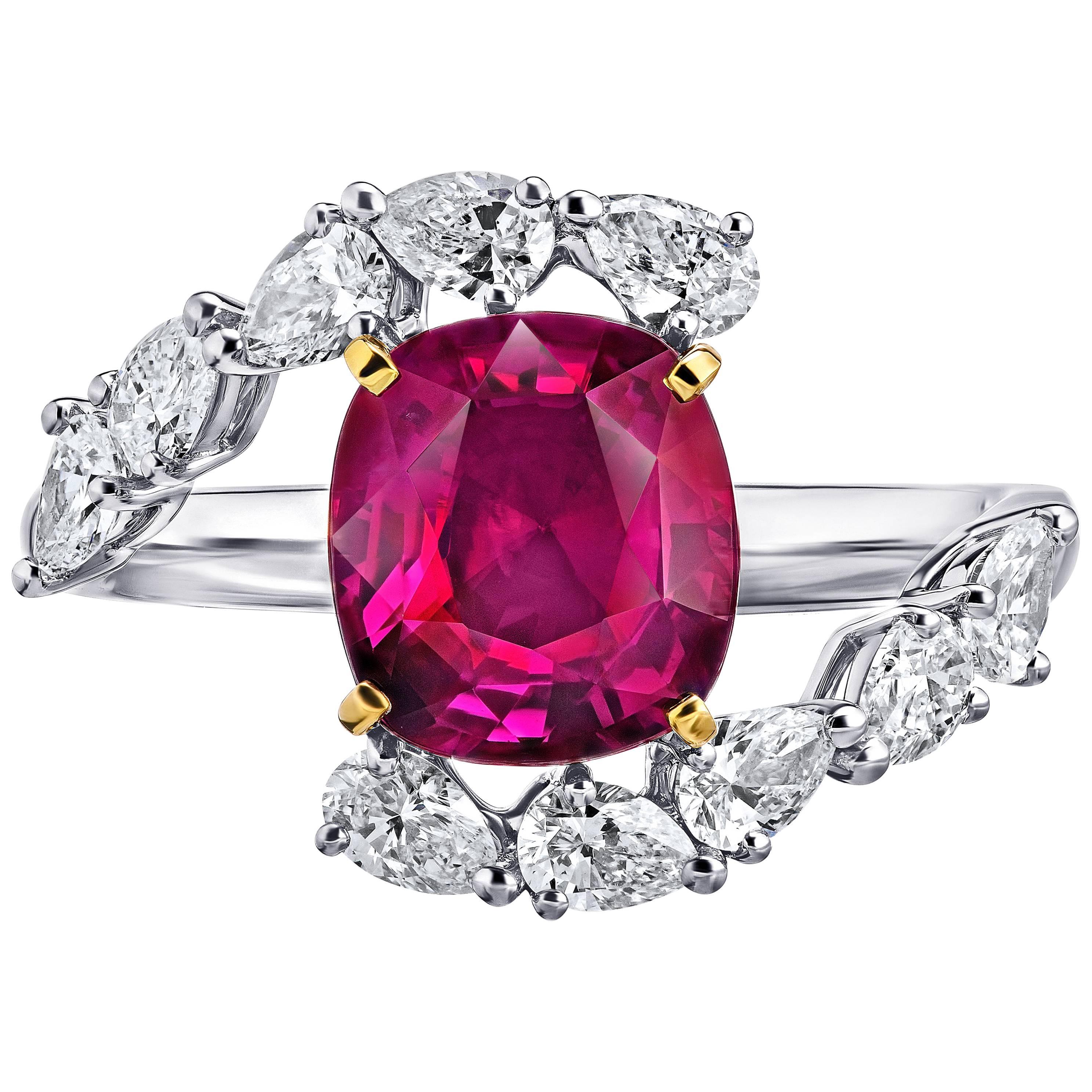 3.36 Carat Cushion Red Ruby and Diamond Platinum and 18k Yellow Gold Ring For Sale