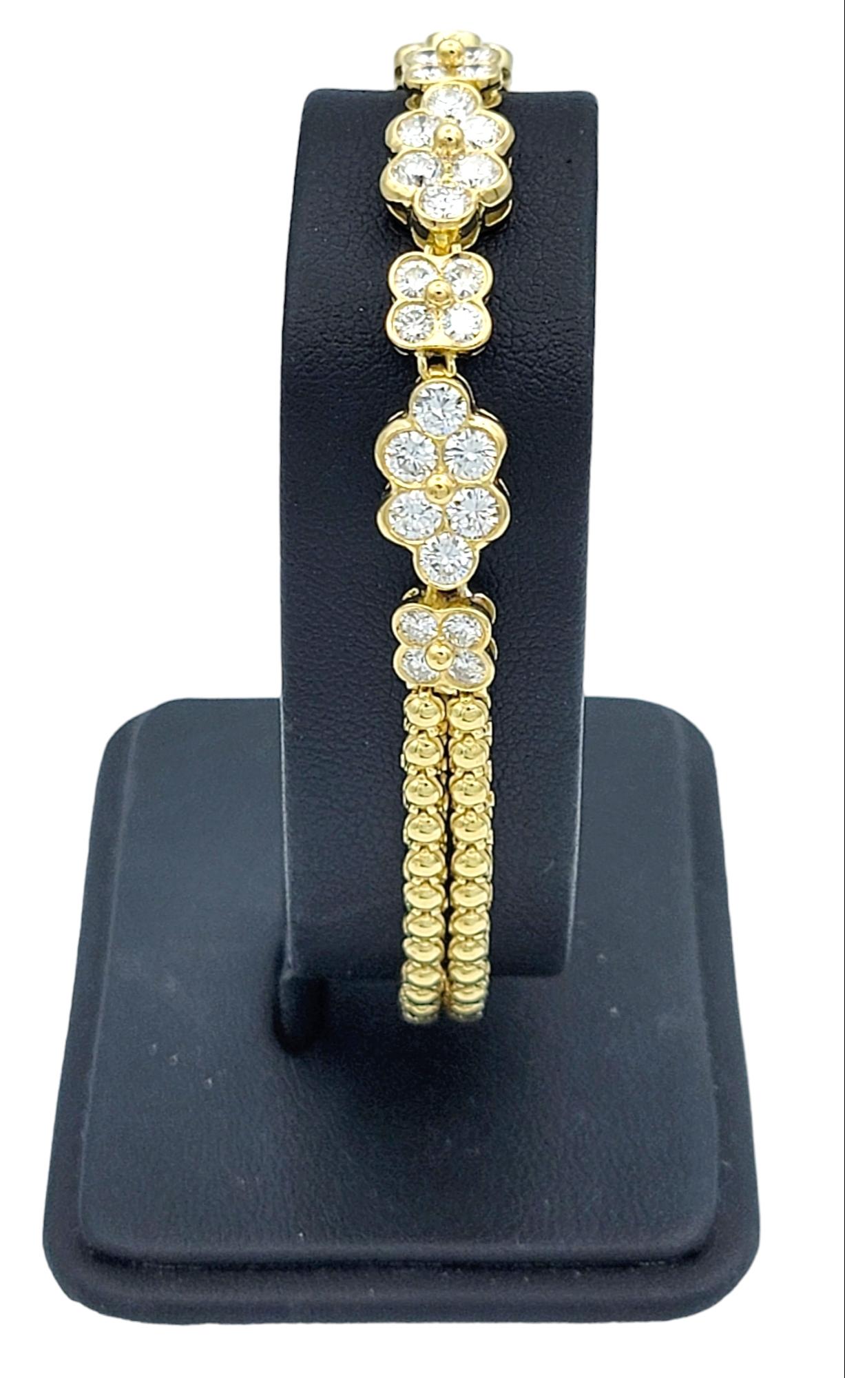 3.36 Carat Diamond Floral Double Row Bead Link Bracelet in 18 Karat Yellow Gold For Sale 4