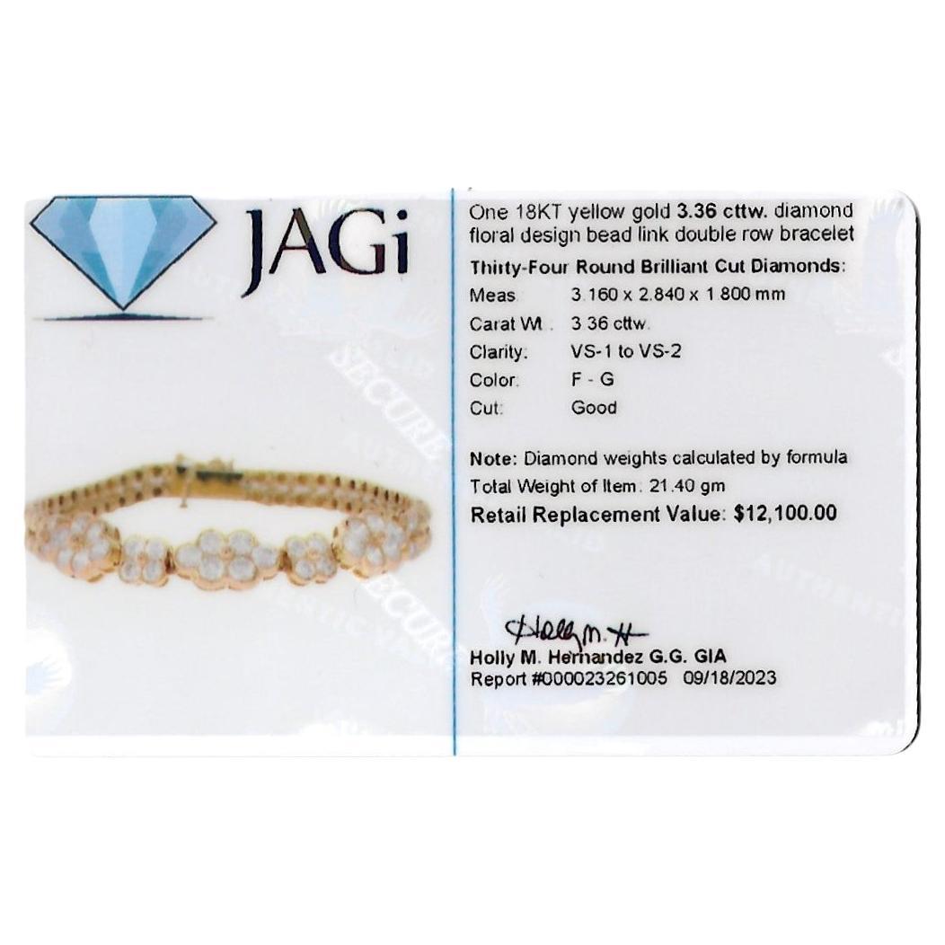 3.36 Carat Diamond Floral Double Row Bead Link Bracelet in 18 Karat Yellow Gold For Sale 5