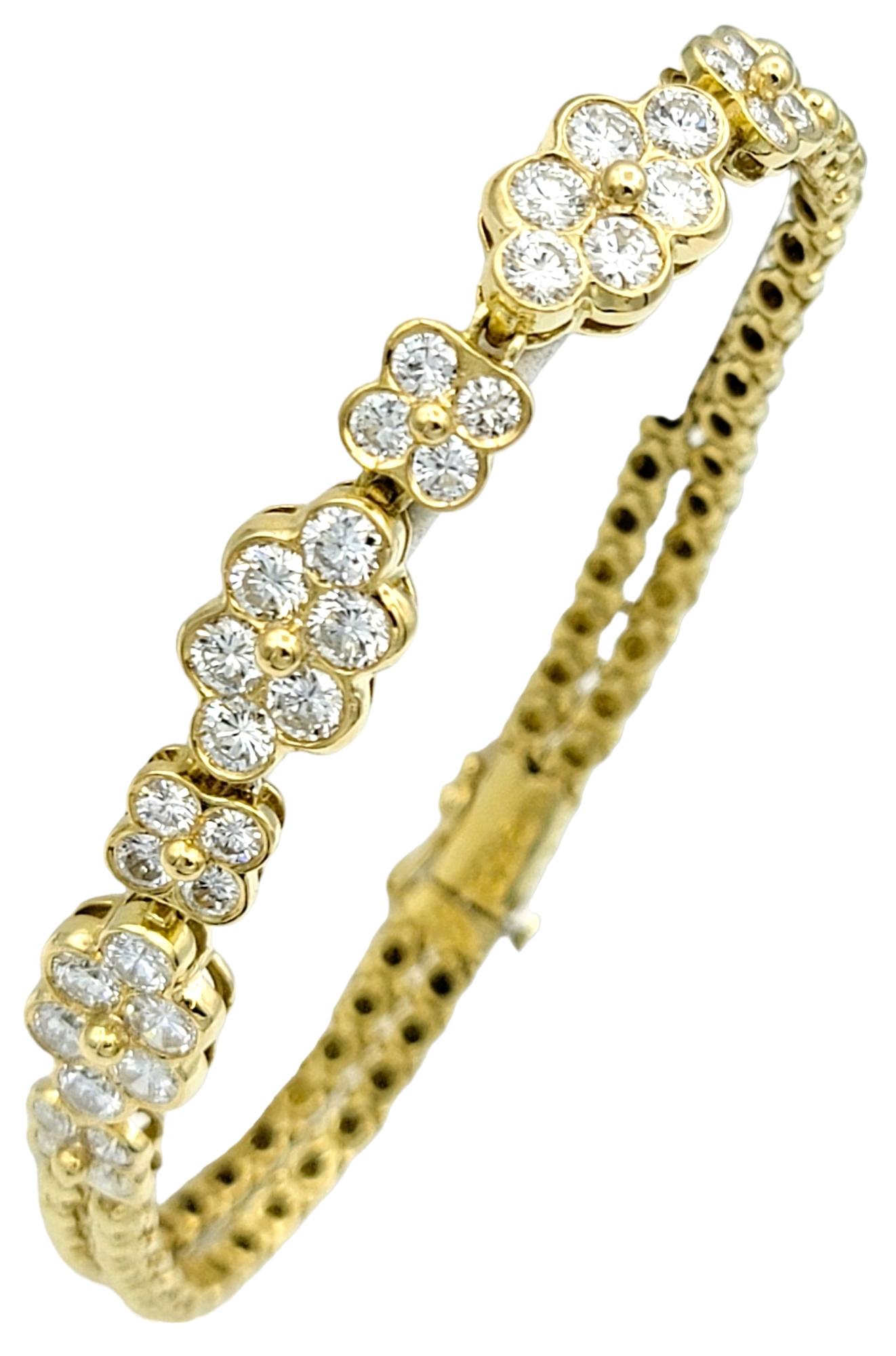 Contemporary 3.36 Carat Diamond Floral Double Row Bead Link Bracelet in 18 Karat Yellow Gold For Sale