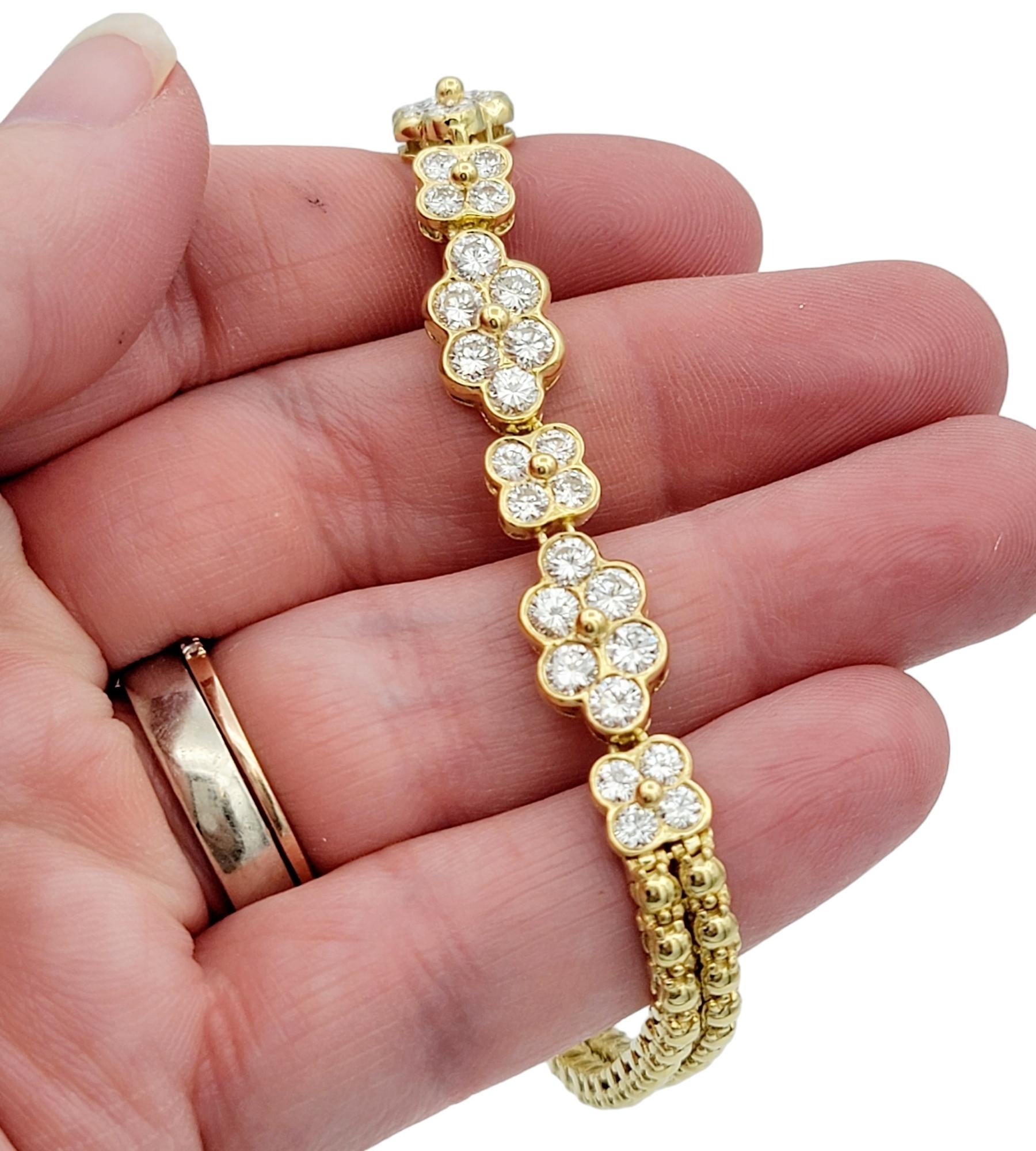 3.36 Carat Diamond Floral Double Row Bead Link Bracelet in 18 Karat Yellow Gold For Sale 1