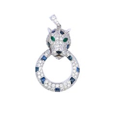 3.36 Carat Diamond Panther Sapphire and Emerald Pendant