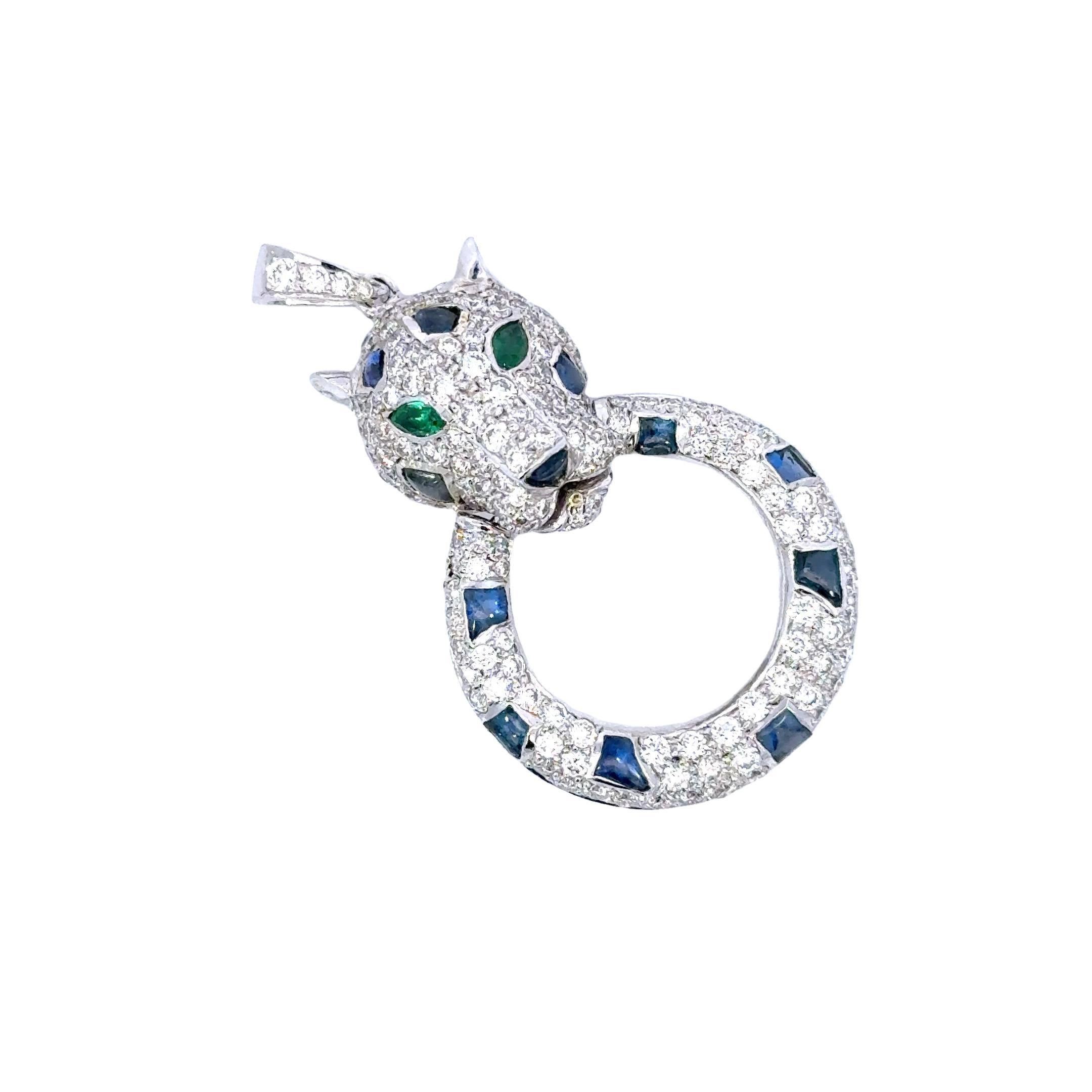 Modern 3.36 Carat Diamond Panther Sapphire and Emerald Pendant