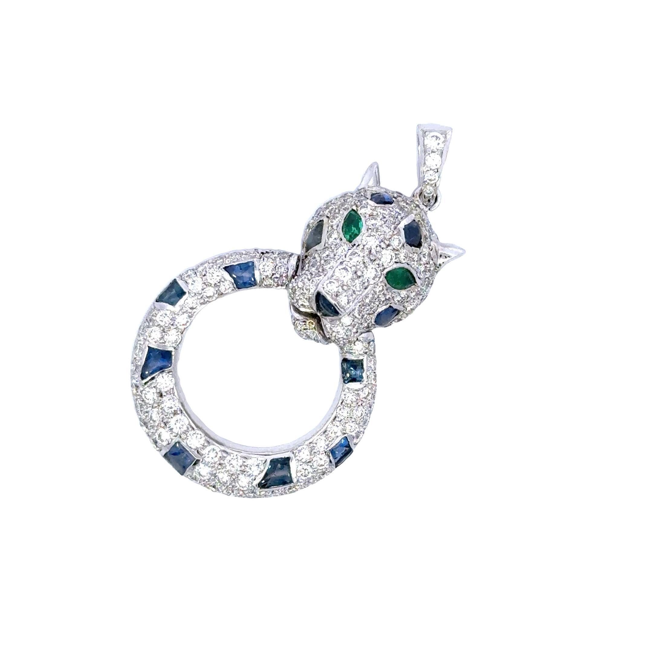Emerald Cut 3.36 Carat Diamond Panther Sapphire and Emerald Pendant
