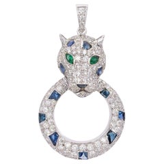 3.36 Carat Diamond Panther Sapphire and Emerald Pendant