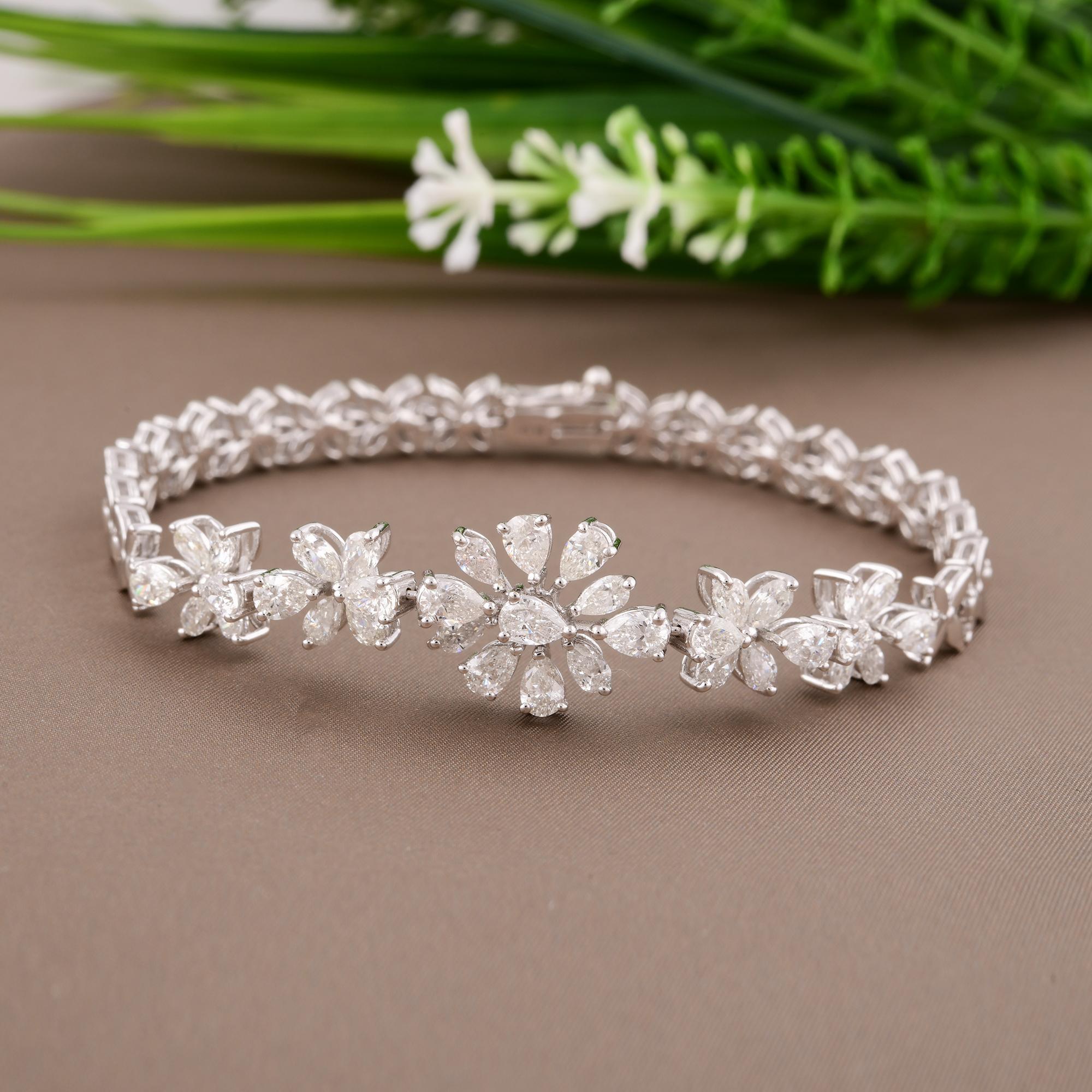 Modern 3.36 Carat Marquise & Pear Diamond Flower Charm Bracelet 18 Karat White Gold For Sale
