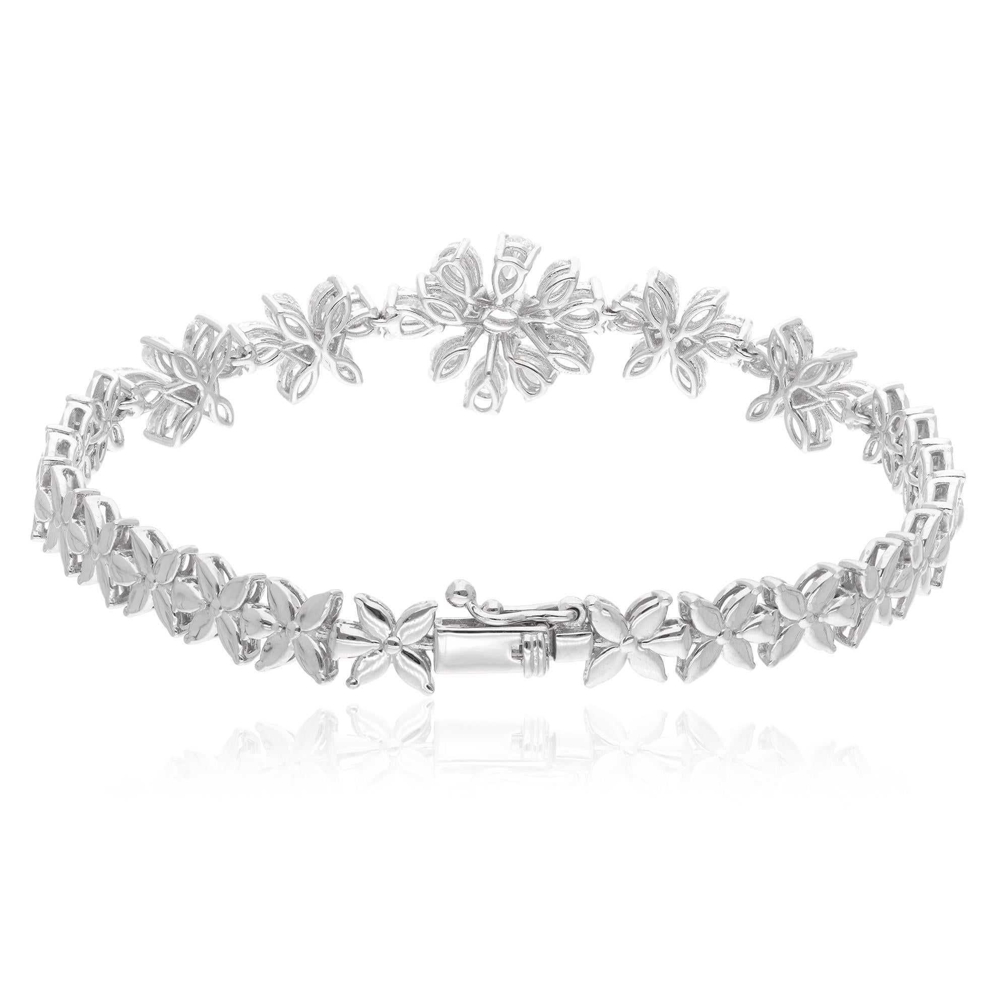 Women's 3.36 Carat Marquise & Pear Diamond Flower Charm Bracelet 18 Karat White Gold For Sale