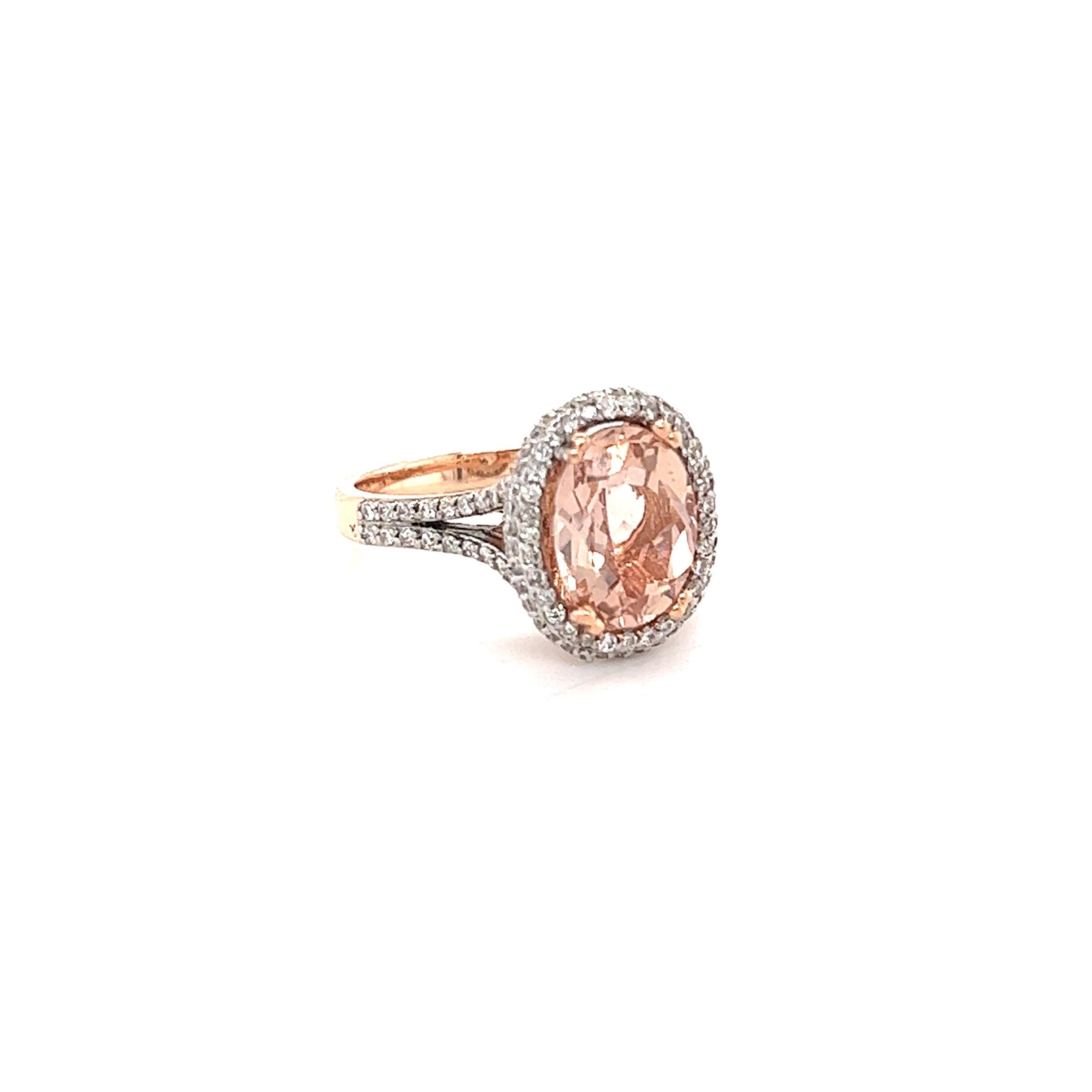 This Morganite ring has a beautiful 2.77 Carat Natural Oval Cut Morganite and measures at 11 mm x 8 mm. It is surrounded by 114 Round Cut Natural Diamonds that weigh 0.59 carats. The diamonds have a clarity and color of SI-F. The total carat weight