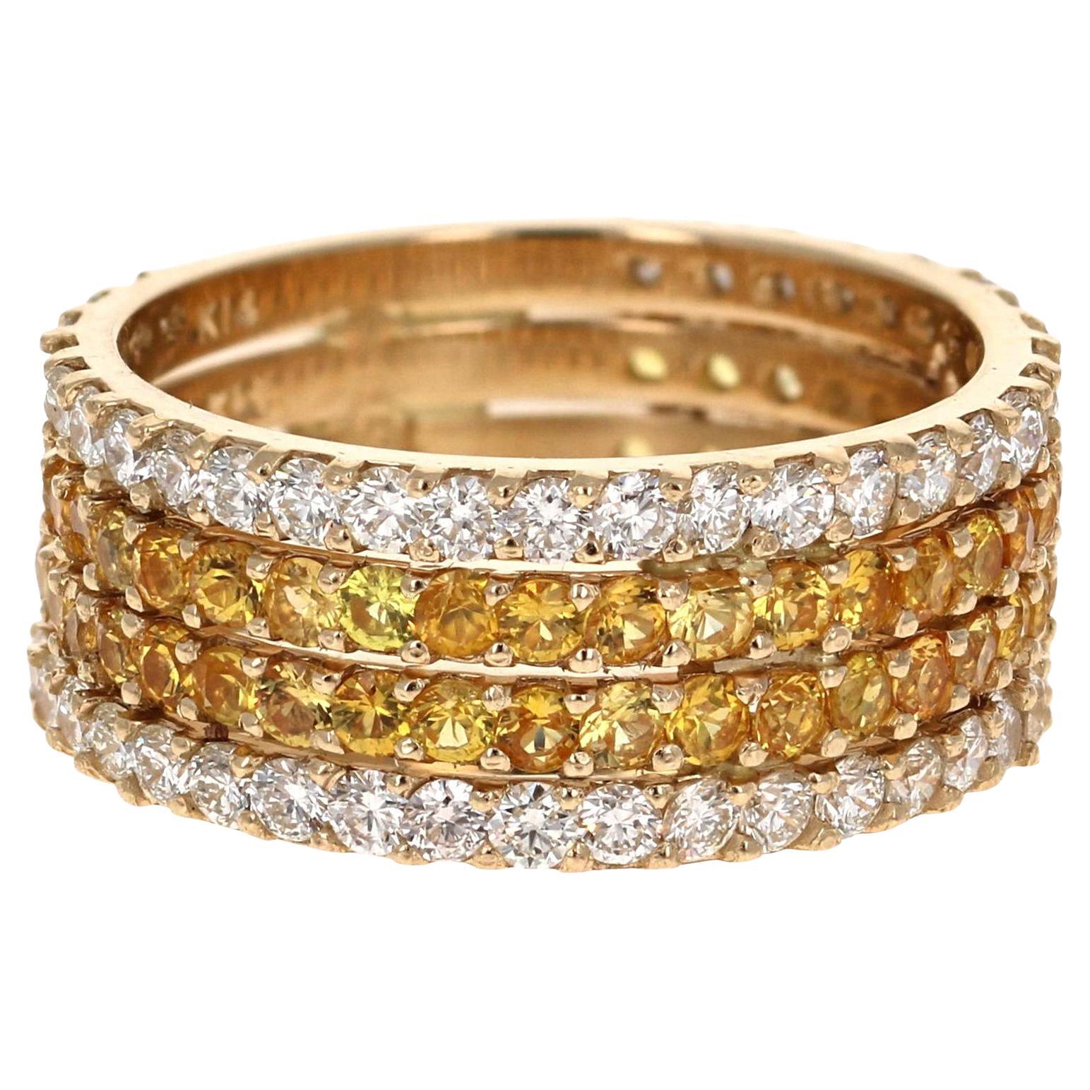 3.36 Carat Natural Yellow Sapphire White Diamond 14 Karat Yellow Gold Band Ring