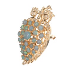 3.36 Carat Opal Diamond Yellow Gold Grape Leaf Brooch Pendant