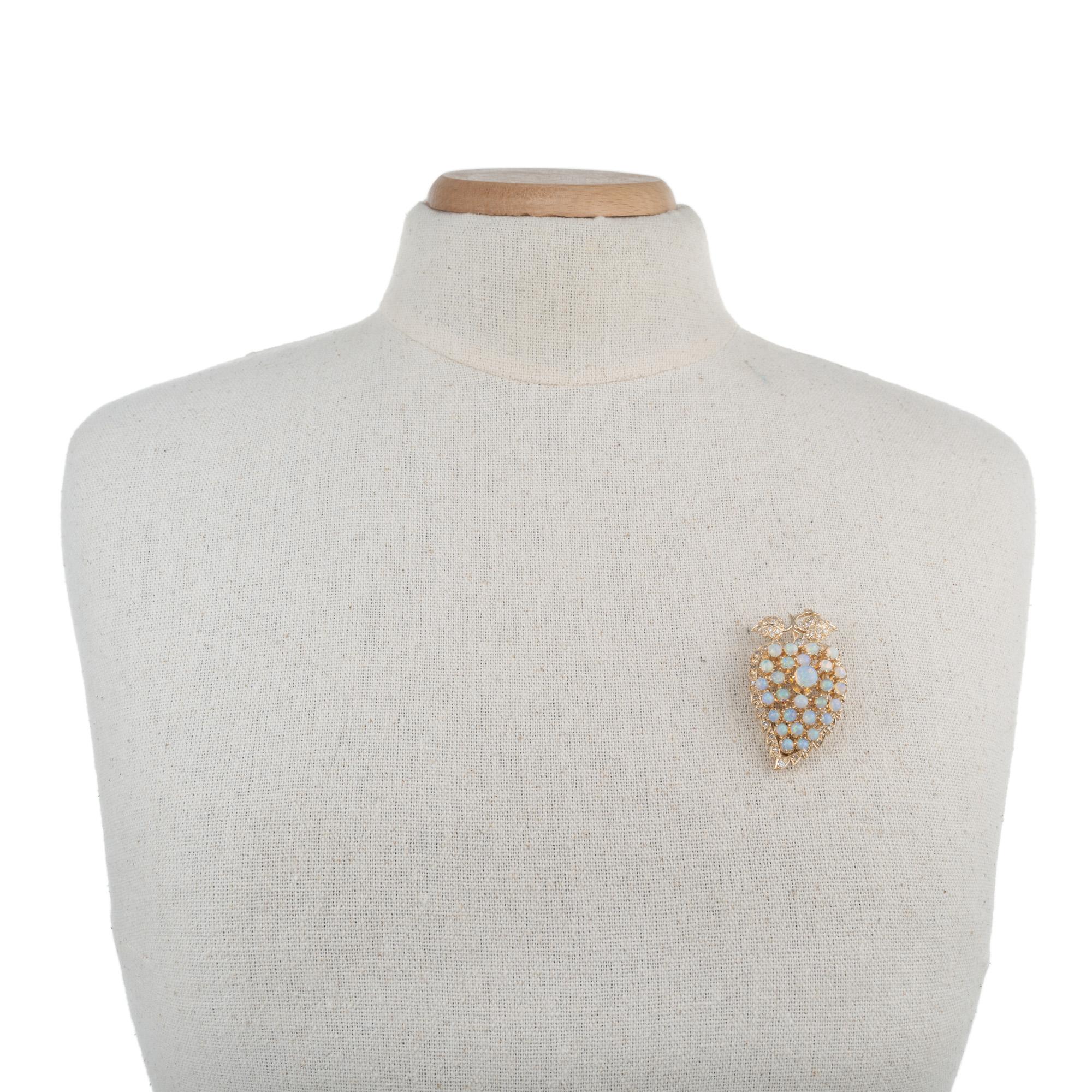 Women's 3.36 Carat Opal Diamond Yellow Gold Grape Leaf Brooch Pendant For Sale