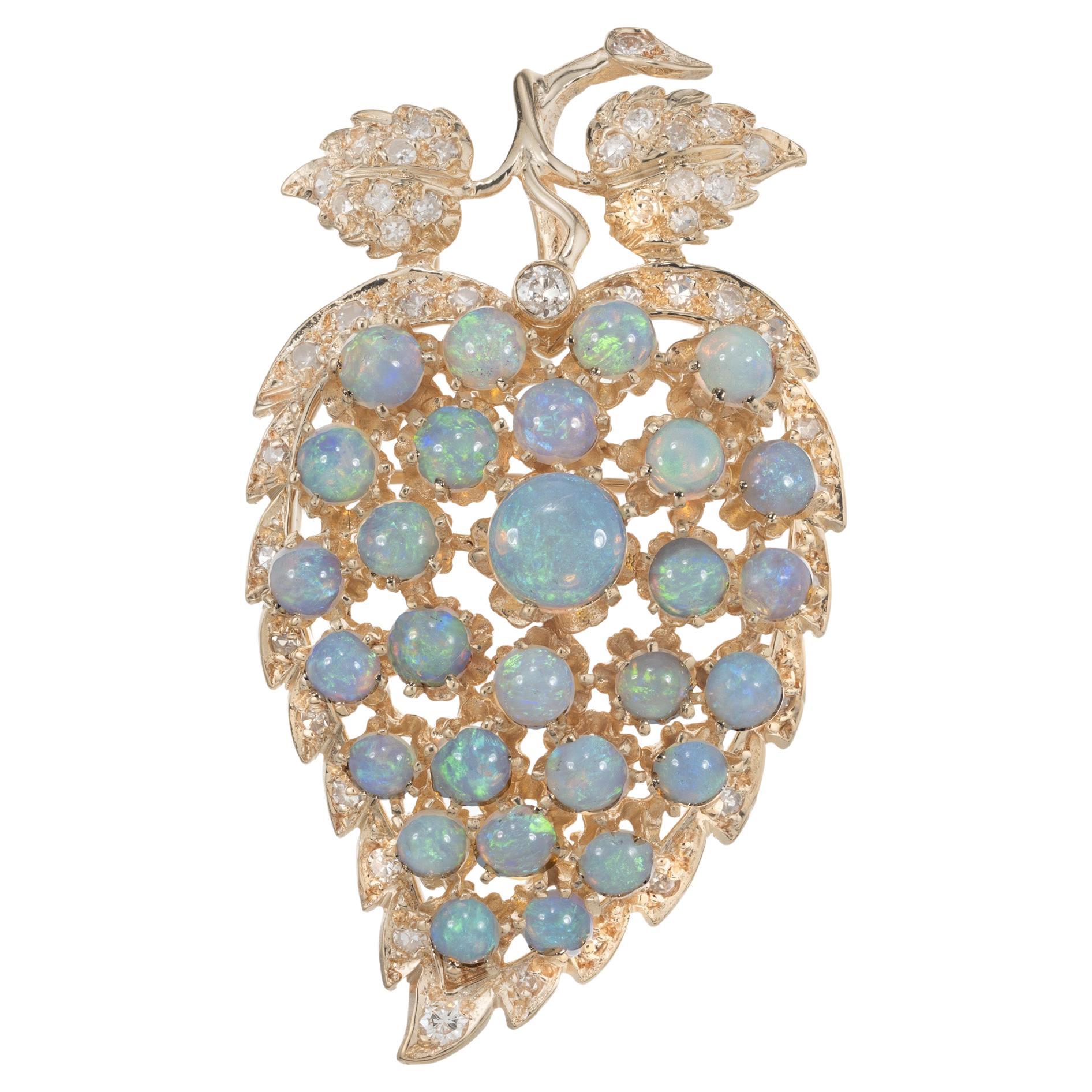 3.36 Carat Opal Diamond Yellow Gold Grape Leaf Brooch Pendant For Sale