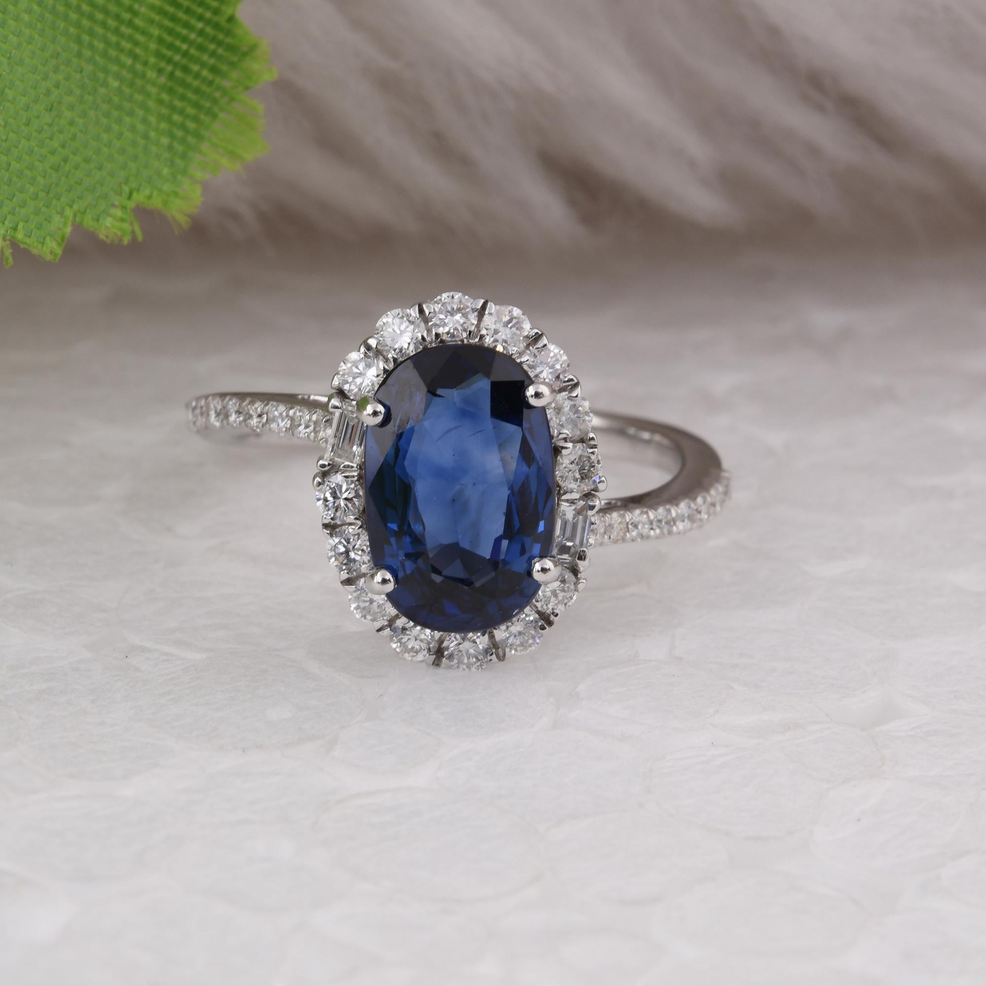 Modern 3.36 Carat Oval Blue Sapphire Cocktail Ring 0.6 Ct Diamond 14 Karat White Gold For Sale