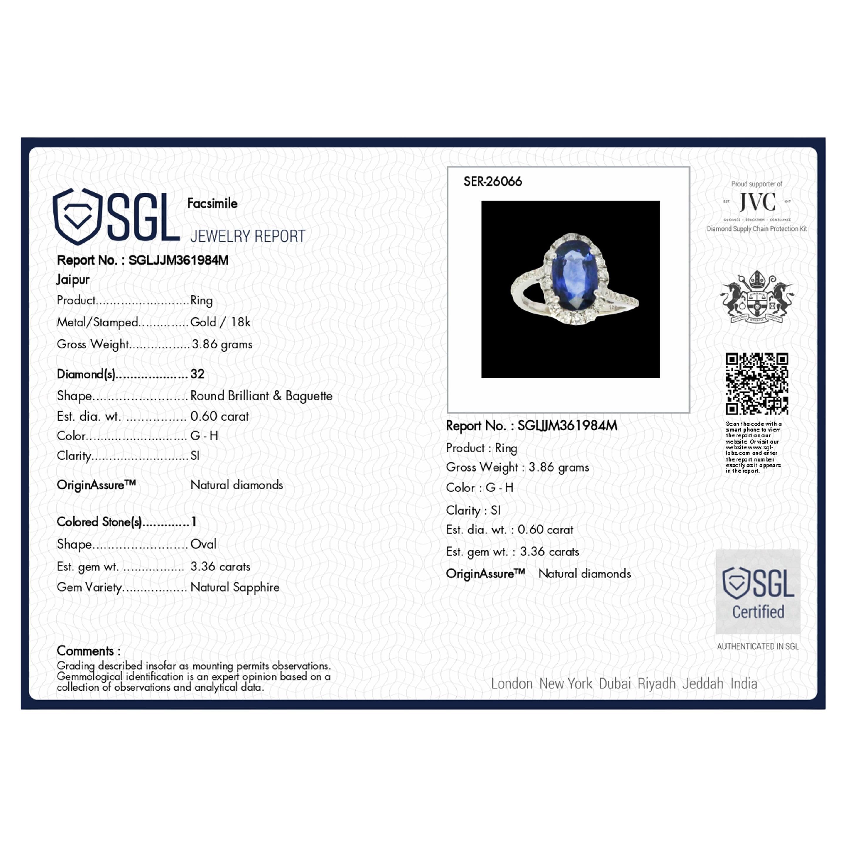 3,36 Karat Oval Blauer Saphir Cocktail-Ring 0.6 Karat Diamant 18 Karat Weißgold Damen im Angebot