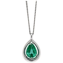 3.36 Carat Pear Shaped Emerald Platinum Pendant and Diamond Chain