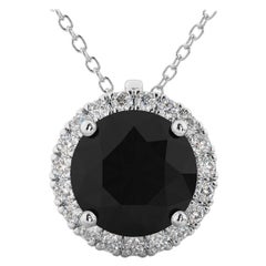 Collier pendentif en or blanc 14 carats avec halo de diamants noirs ronds de 3,36 carats