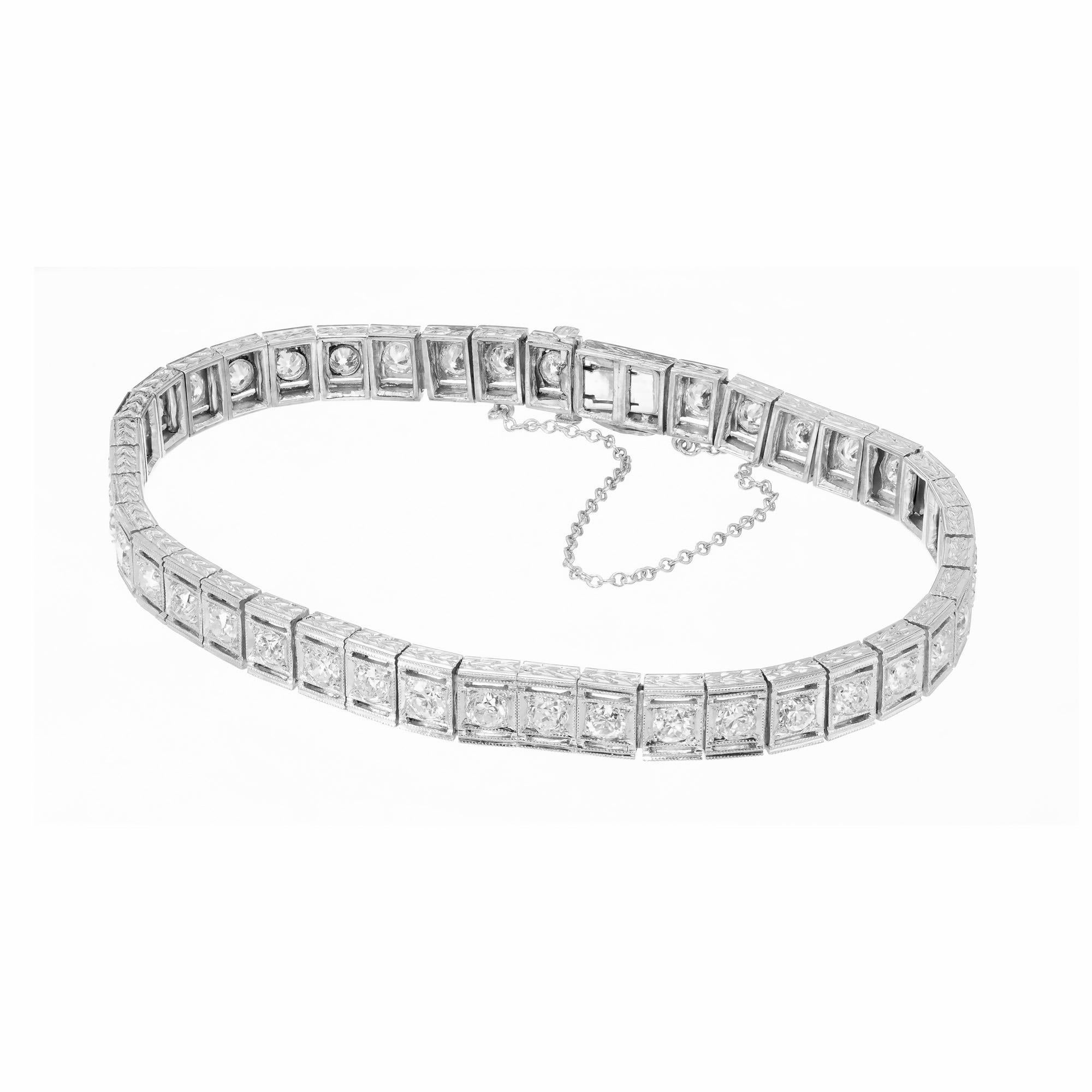 Round Cut 3.36 Carat Round Diamond Platinum Art Deco Tennis Bracelet  For Sale