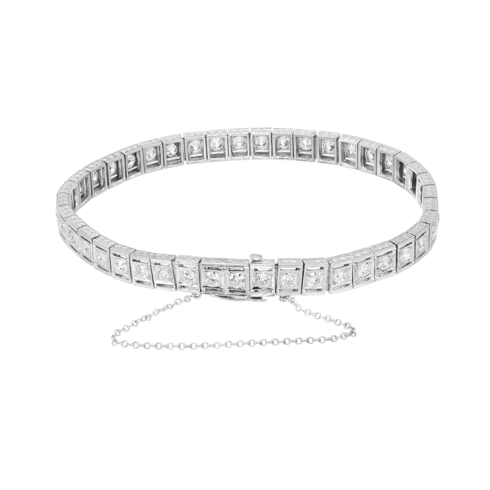Women's 3.36 Carat Round Diamond Platinum Art Deco Tennis Bracelet  For Sale