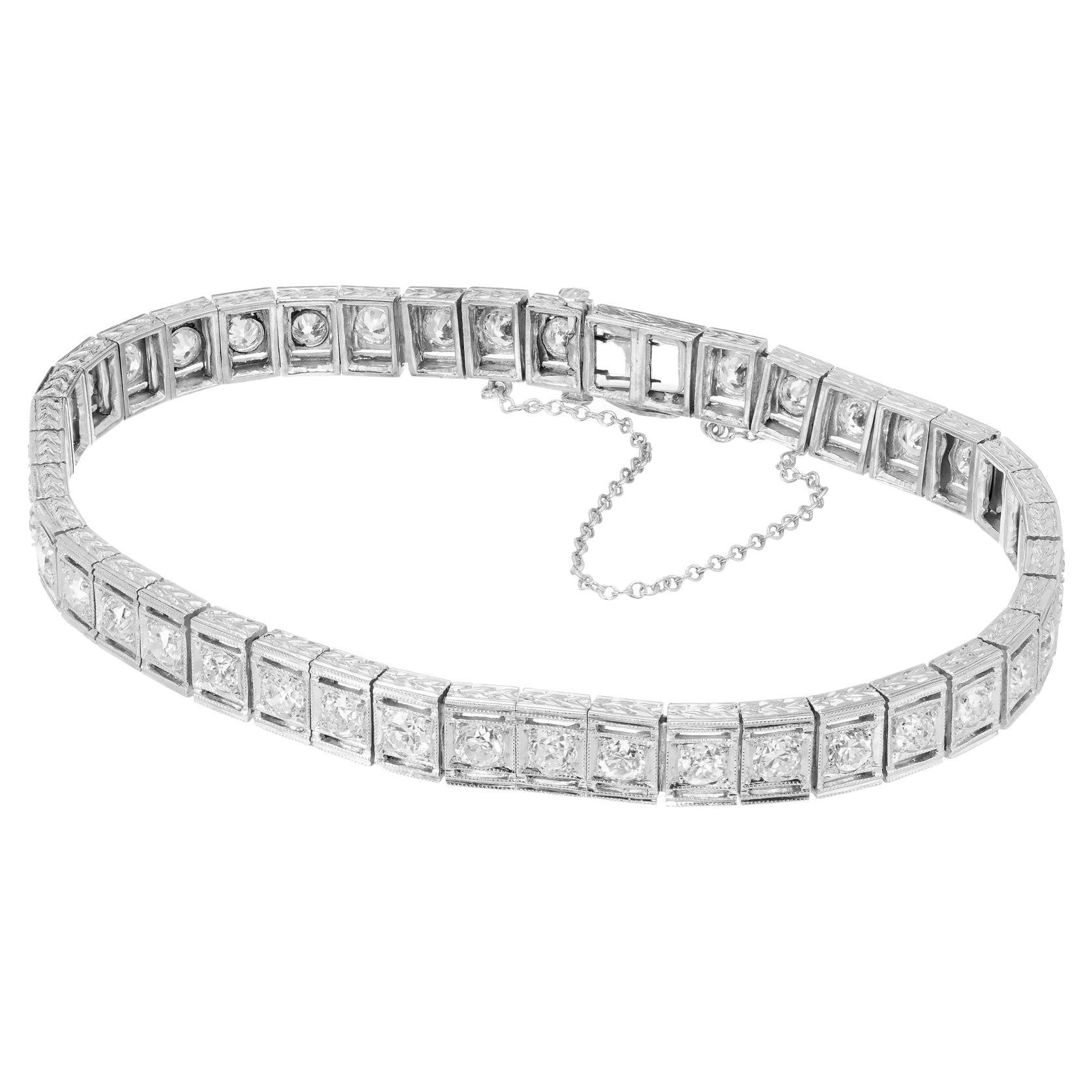 Platin Art Deco-Tennisarmband mit 3,36 Karat runden Diamanten  im Angebot