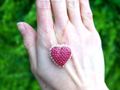 3.36 Carat Ruby and Seed Pearl Yellow Gold Heart Pendant Brooch
