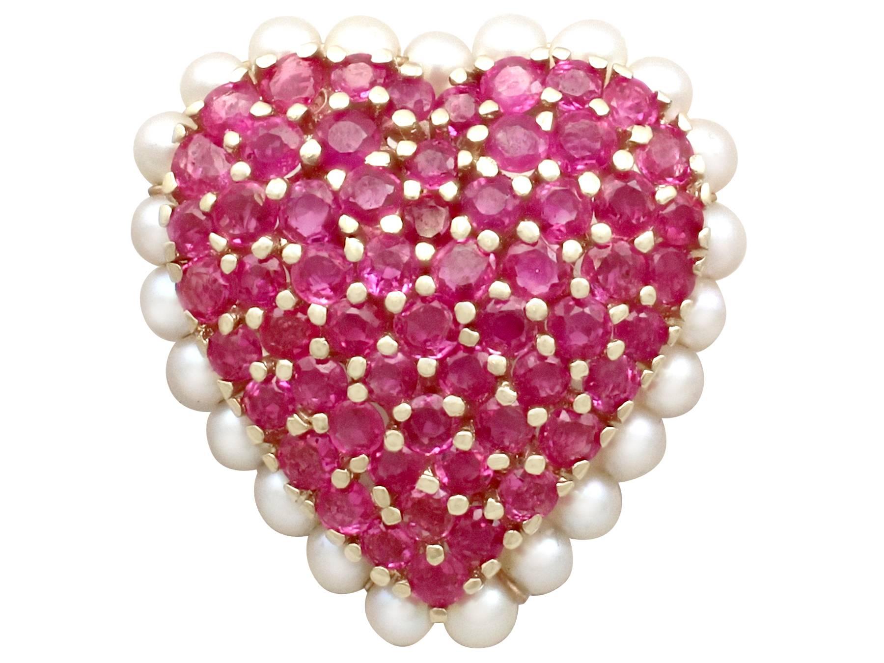 Women's 3.36 Carat Ruby and Seed Pearl Yellow Gold Heart Pendant Brooch For Sale