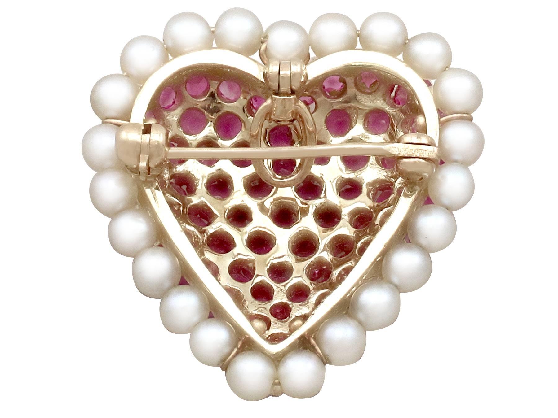 3.36 Carat Ruby and Seed Pearl Yellow Gold Heart Pendant Brooch For Sale 1