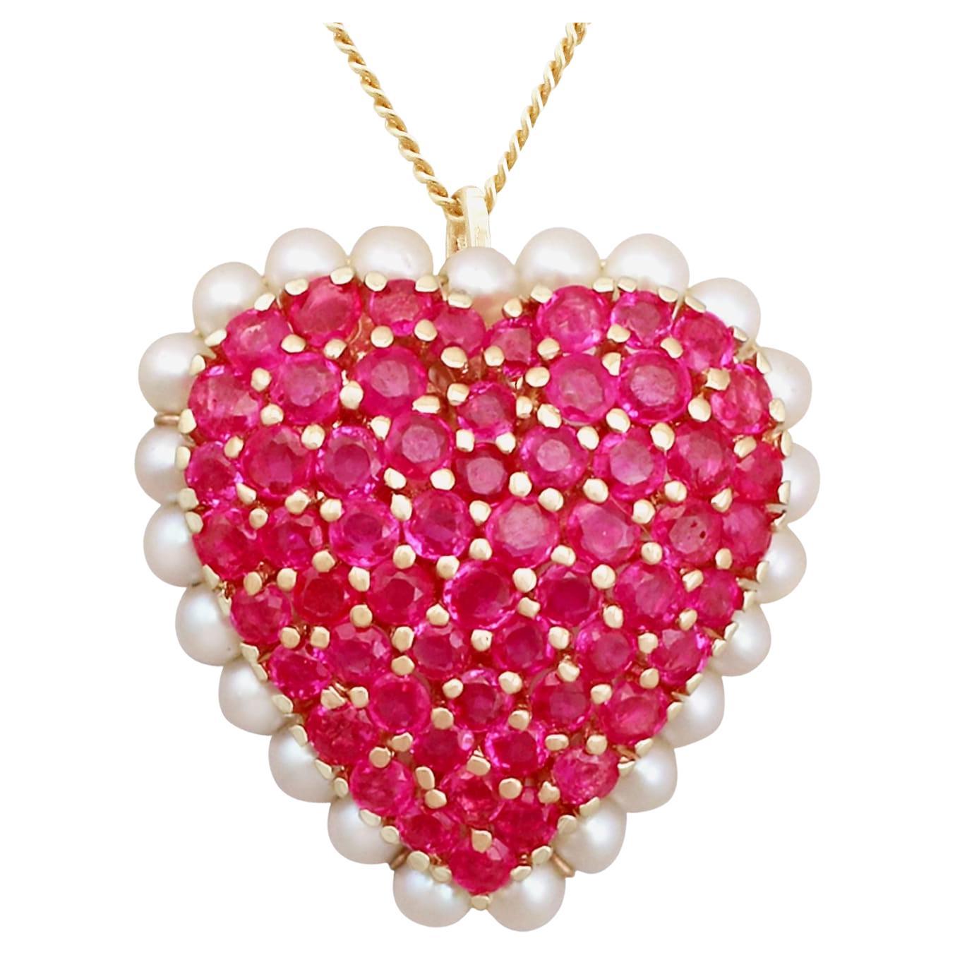 3.36 Carat Ruby and Seed Pearl Yellow Gold Heart Pendant Brooch