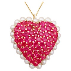 3.36 Carat Ruby and Seed Pearl Yellow Gold Heart Pendant Brooch
