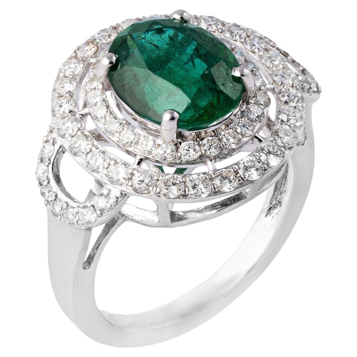 Bague en or 14 carats avec émeraude naturelle de Zambie de 3,36 carats et diamants de 1,01 carat