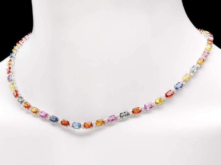 33.60Ct Natural Multi-Color Sapphire and Diamond 14K Solid White Gold Necklace In New Condition For Sale In Los Angeles, CA