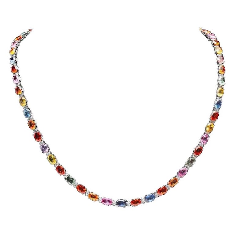 33.60Ct Natural Multi-Color Sapphire and Diamond 14K Solid White Gold Necklace For Sale