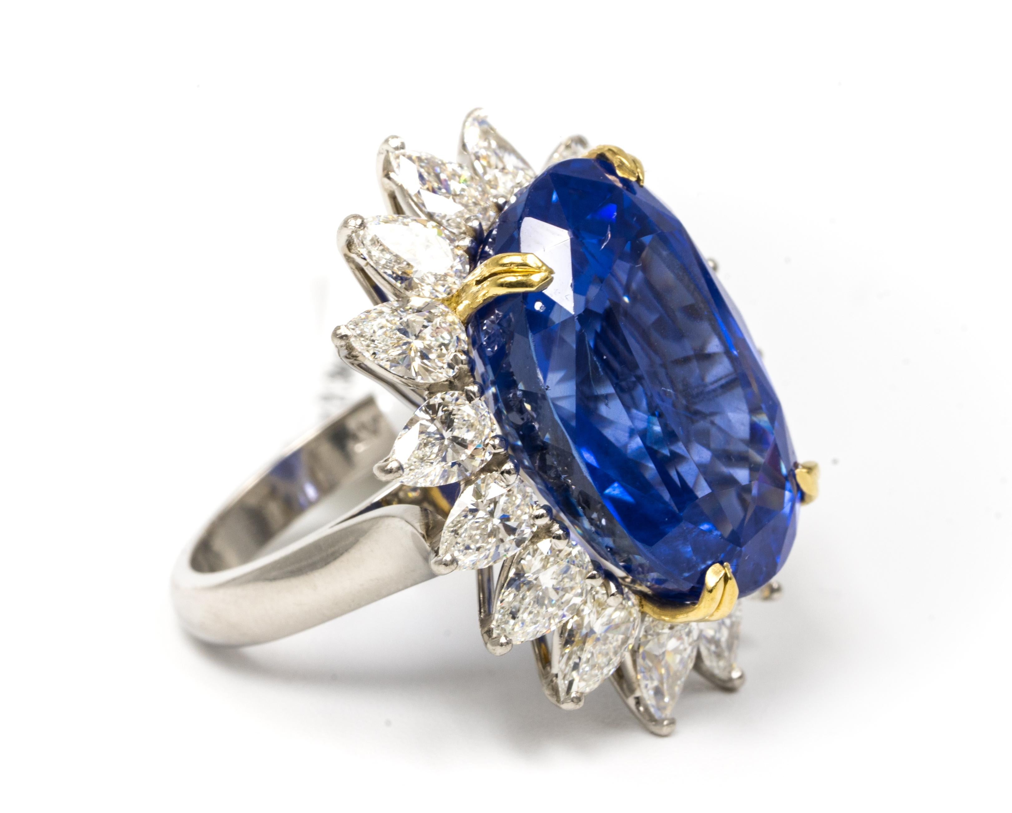 Oval Cut 33.64 Carat Natural Unheated Sapphire and Diamond Ring  