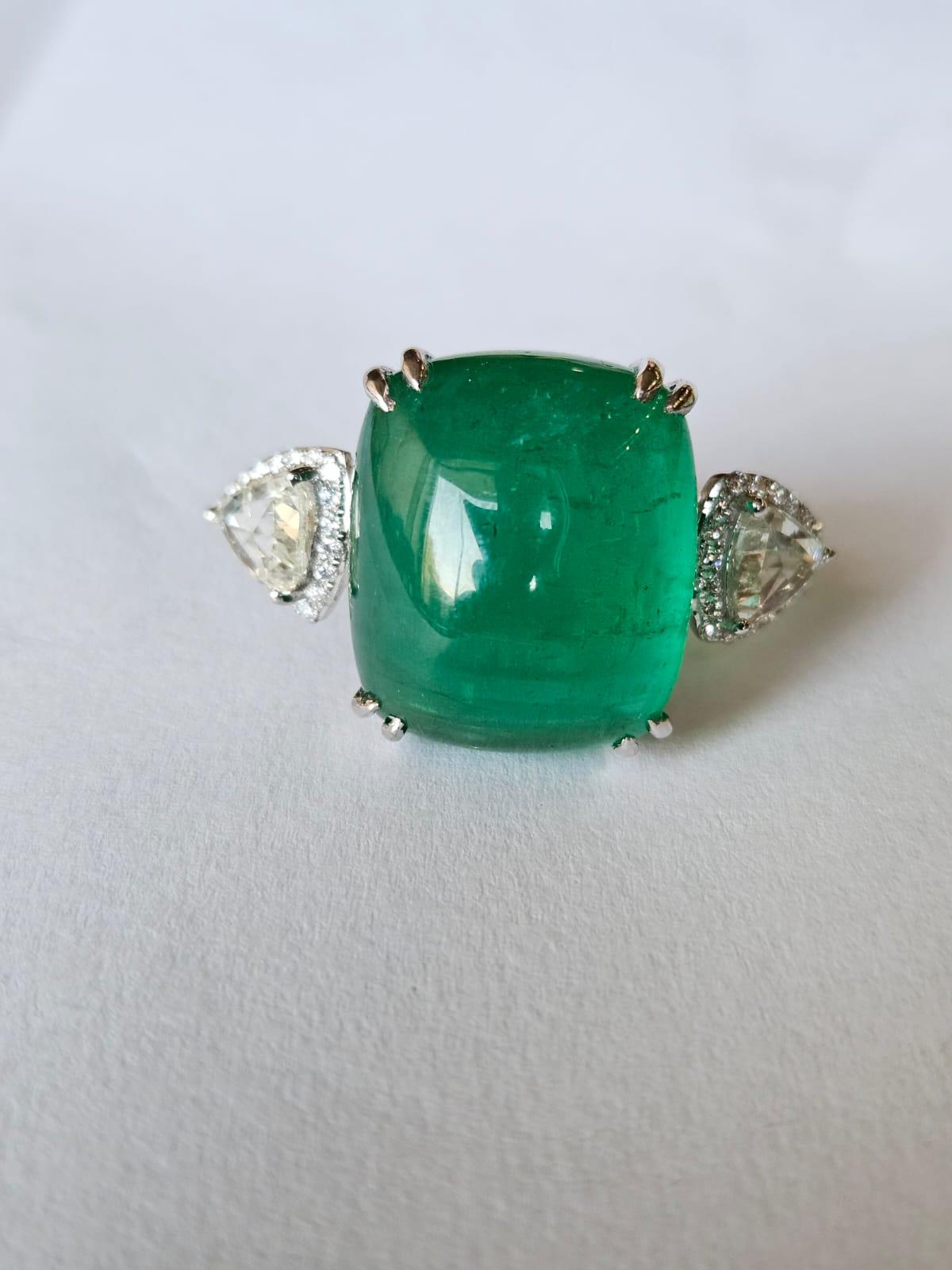 Sugarloaf Cabochon 33.68 carats natural Zambian Emerald Sugarloaf & Rose Cut Diamond Cocktail  Ring