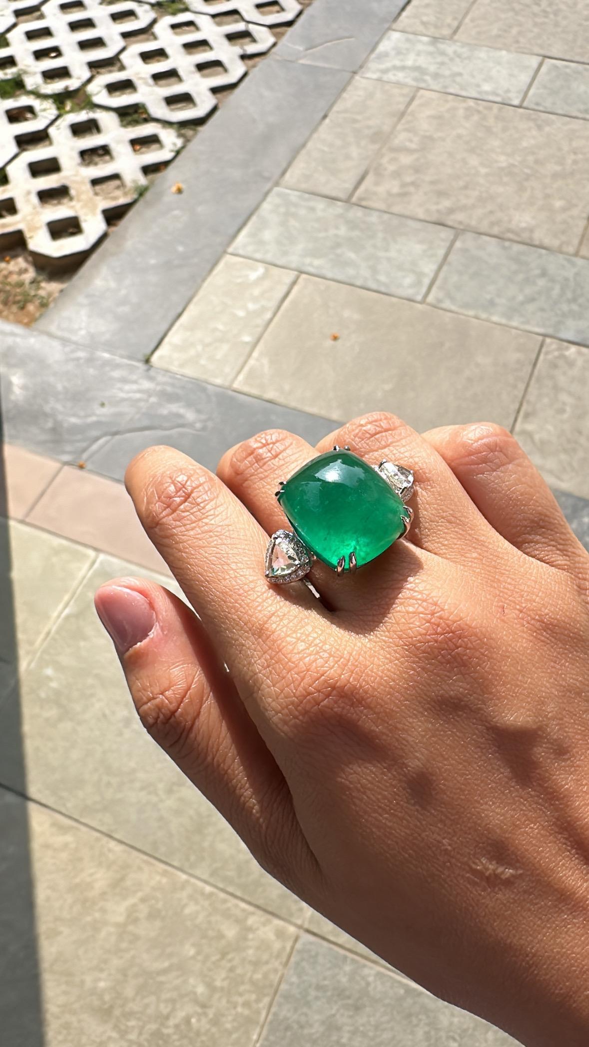 33.68 carats natural Zambian Emerald Sugarloaf & Rose Cut Diamond Cocktail  Ring In New Condition In Hong Kong, HK