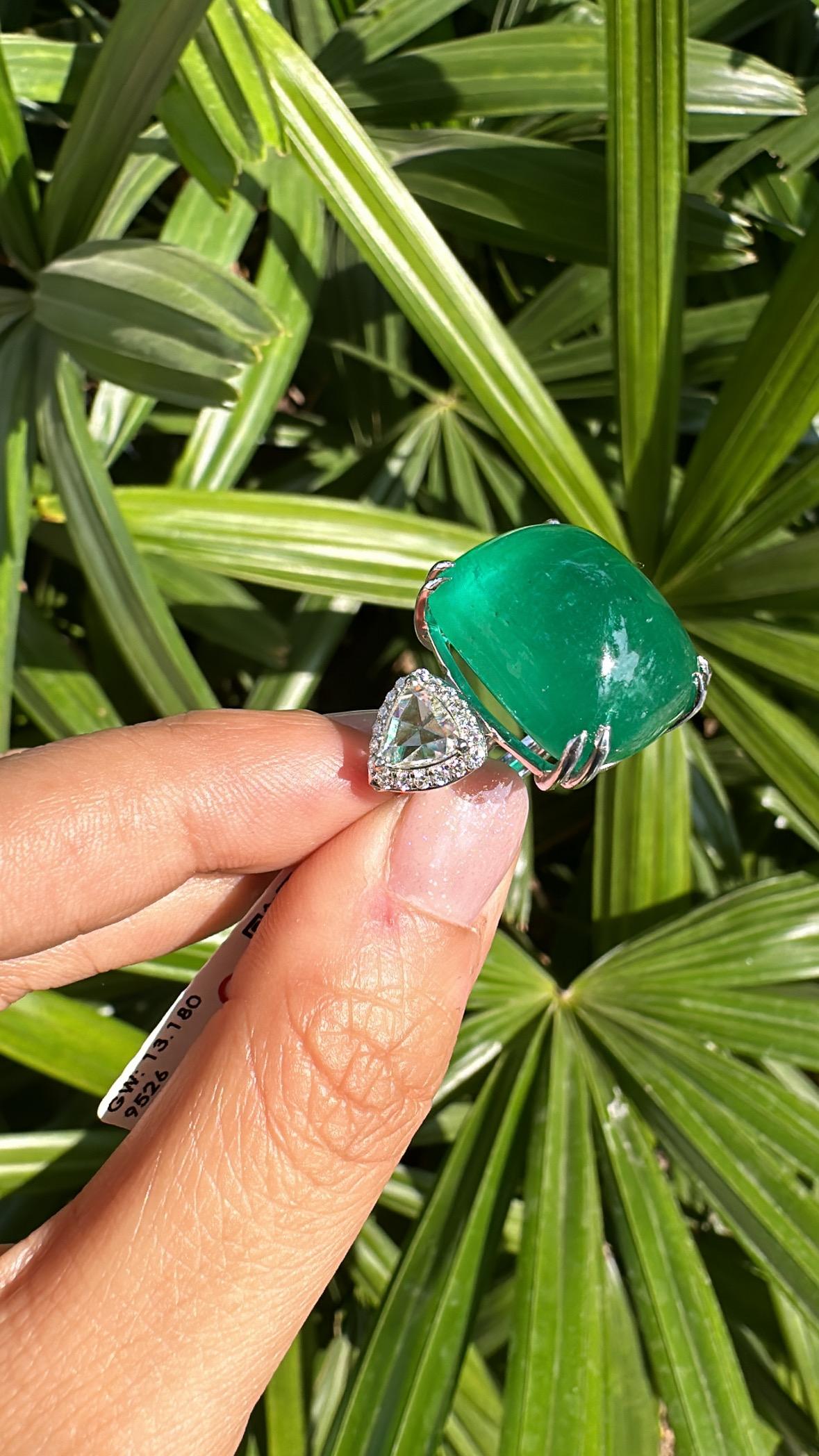 33.68 carats natural Zambian Emerald Sugarloaf & Rose Cut Diamond Cocktail  Ring 1