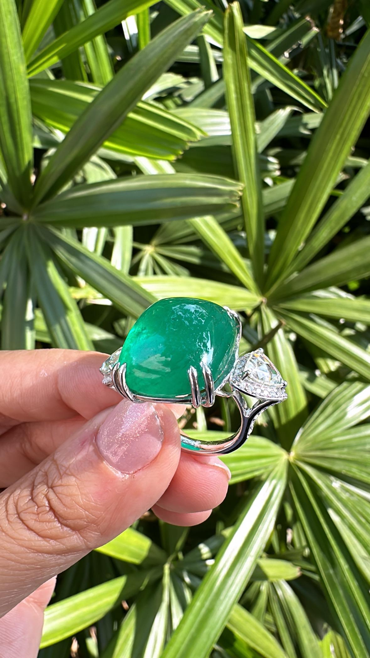 33.68 carats natural Zambian Emerald Sugarloaf & Rose Cut Diamond Cocktail  Ring 2
