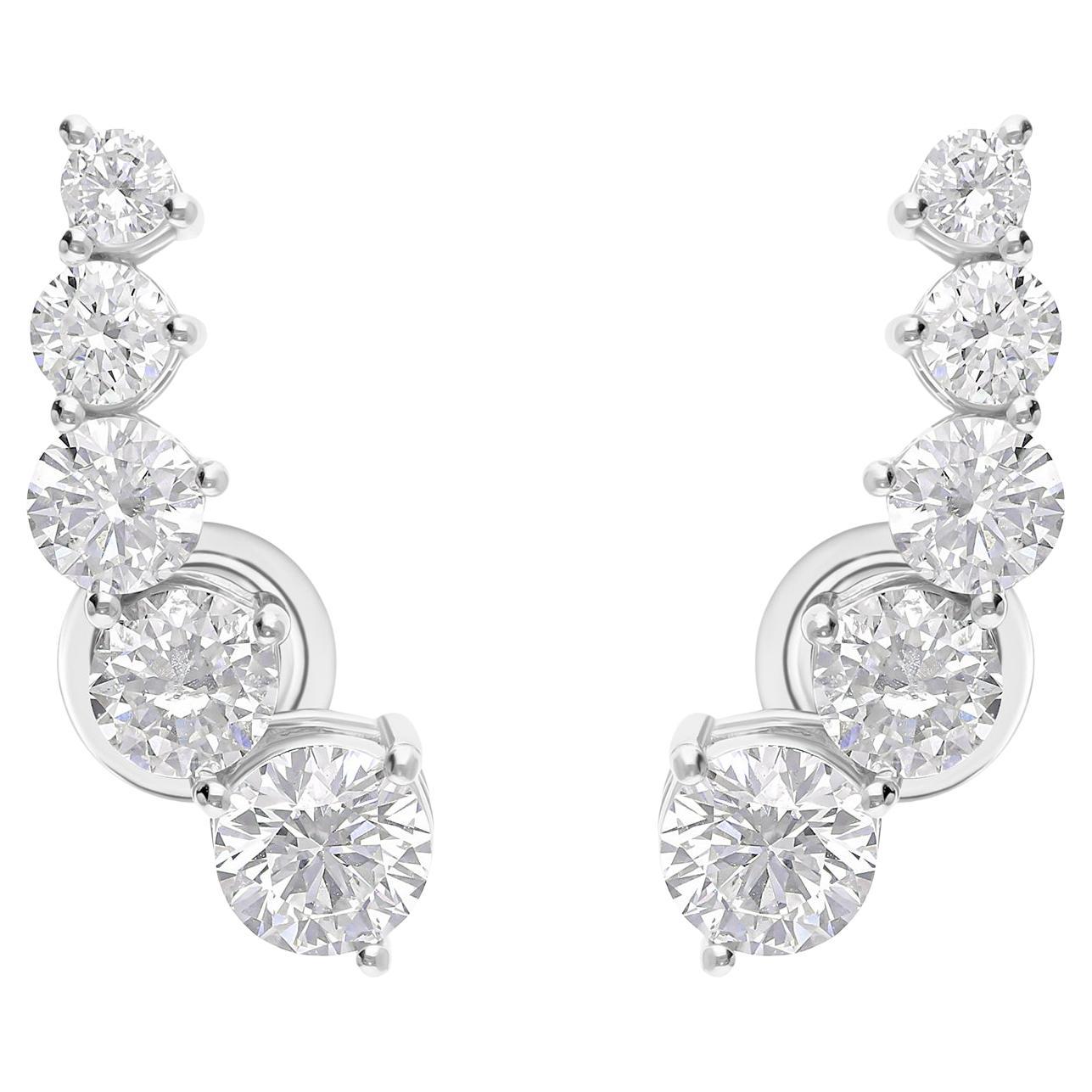 3.36Ct Graduated Five Stone Diamond Ear Climber Stud Earrings 18k White Gold