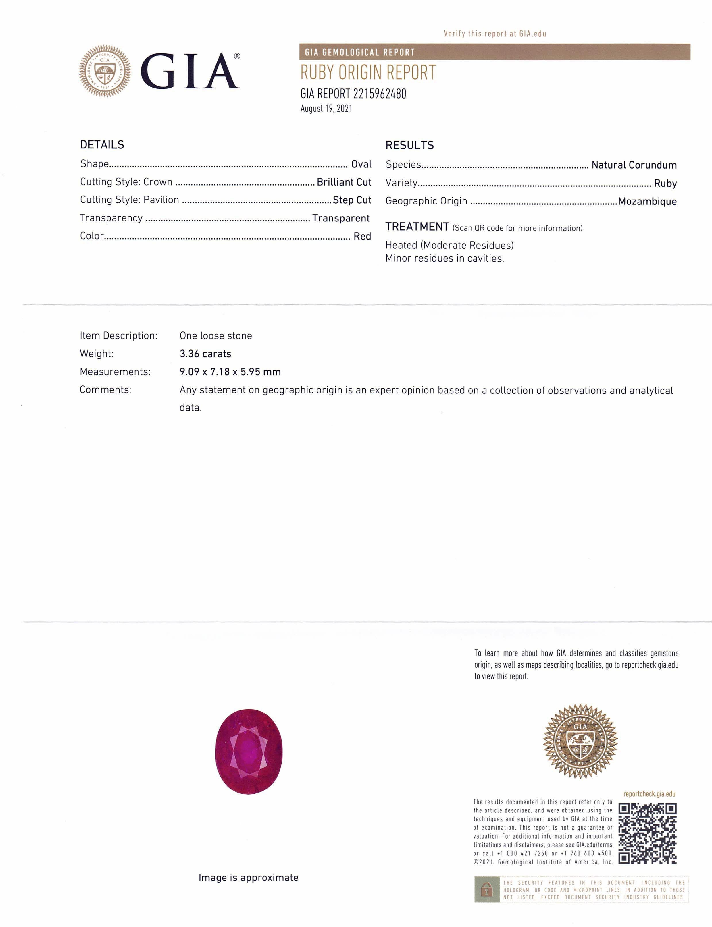 Rubis rouge ovale de 3,36 carats certifié GIA du Mozambique Neuf - En vente à Toronto, Ontario
