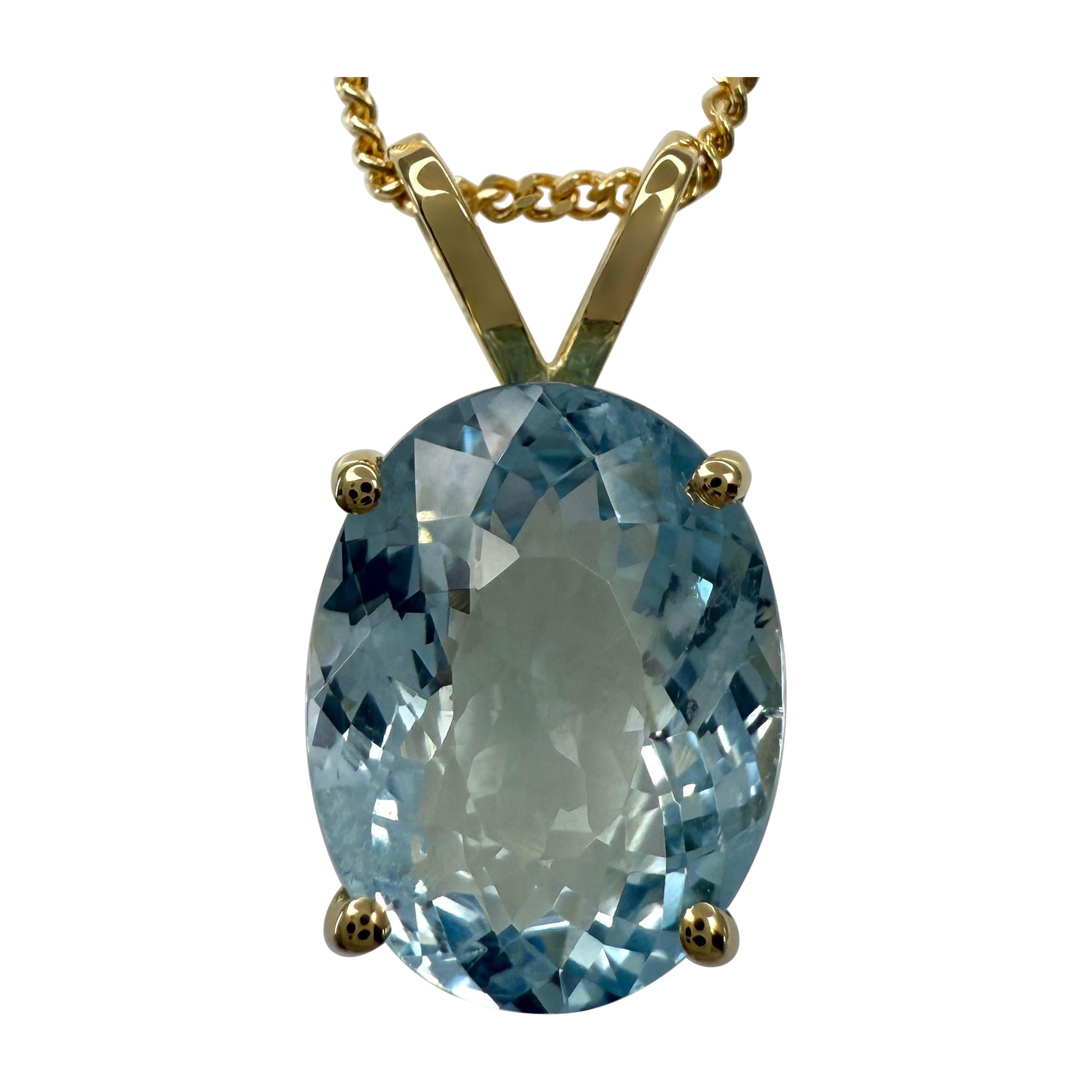 3.36ct Vivid Blue Aquamarine Oval Cut 18k Yellow Gold Solitaire Pendant Necklace
